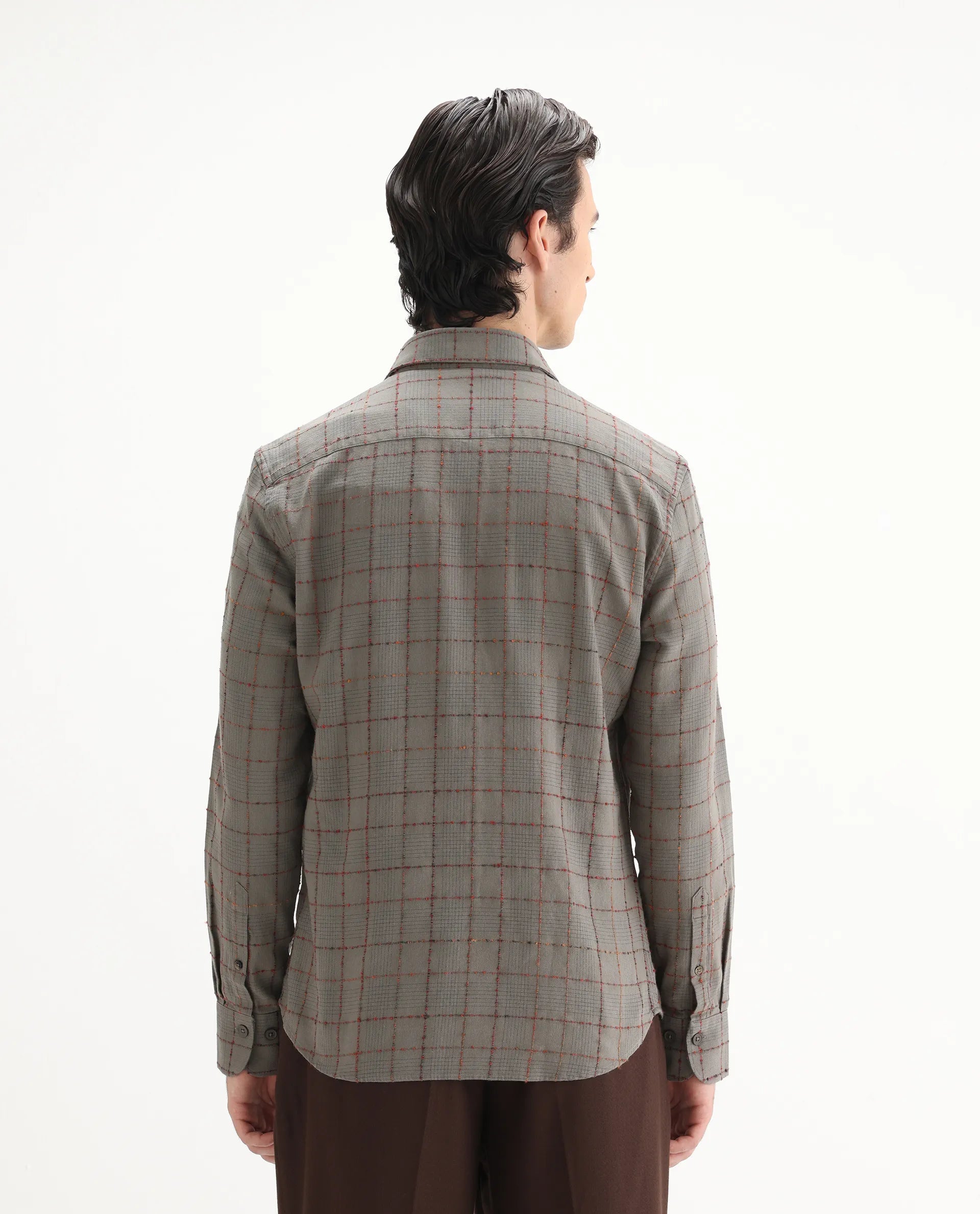 Rare Rabbit Men's Brule Grey Polyester Blend Checked Print Regular Fit Full Sleeve Collared Shirt