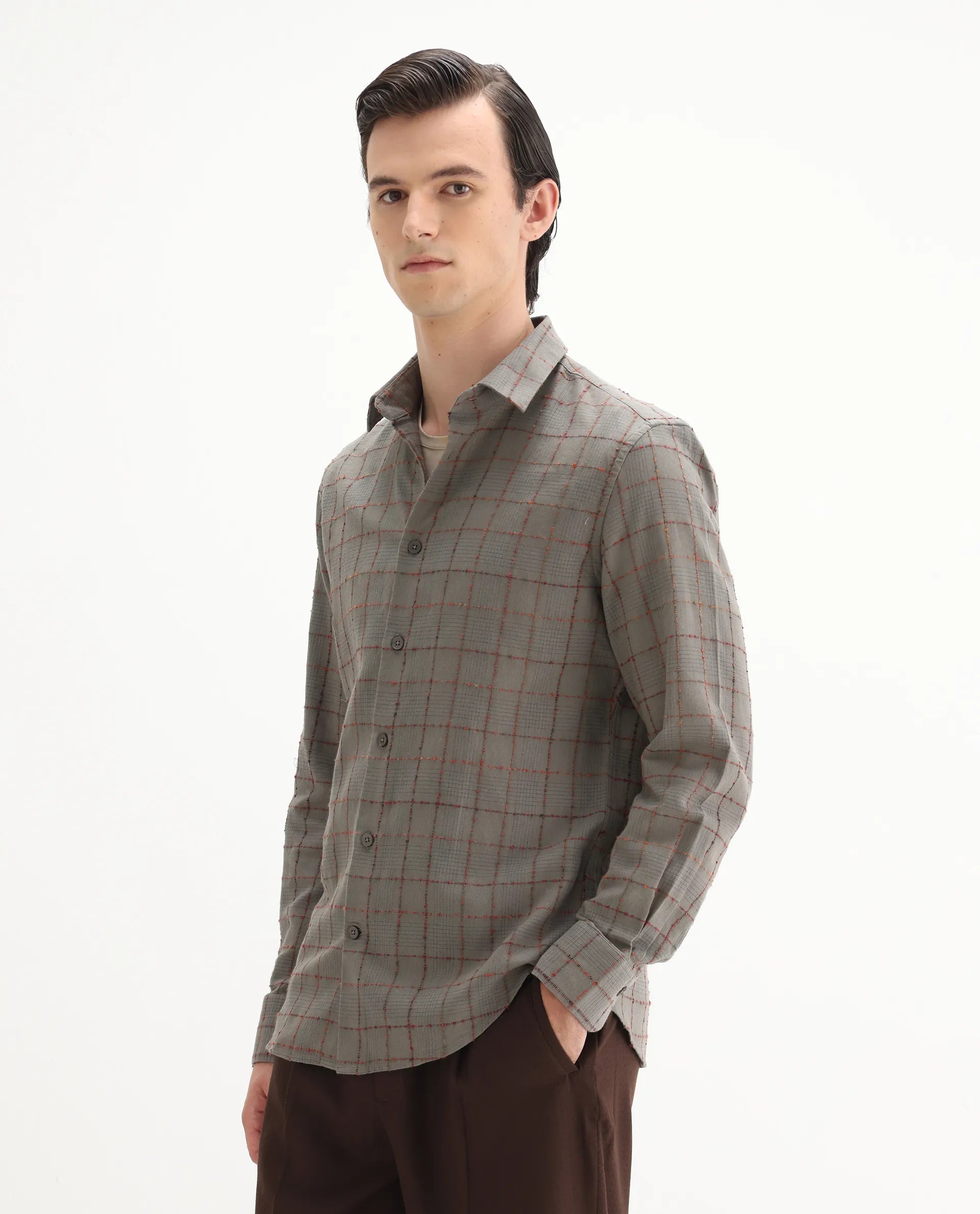 Rare Rabbit Men's Brule Grey Polyester Blend Checked Print Regular Fit Full Sleeve Collared Shirt
