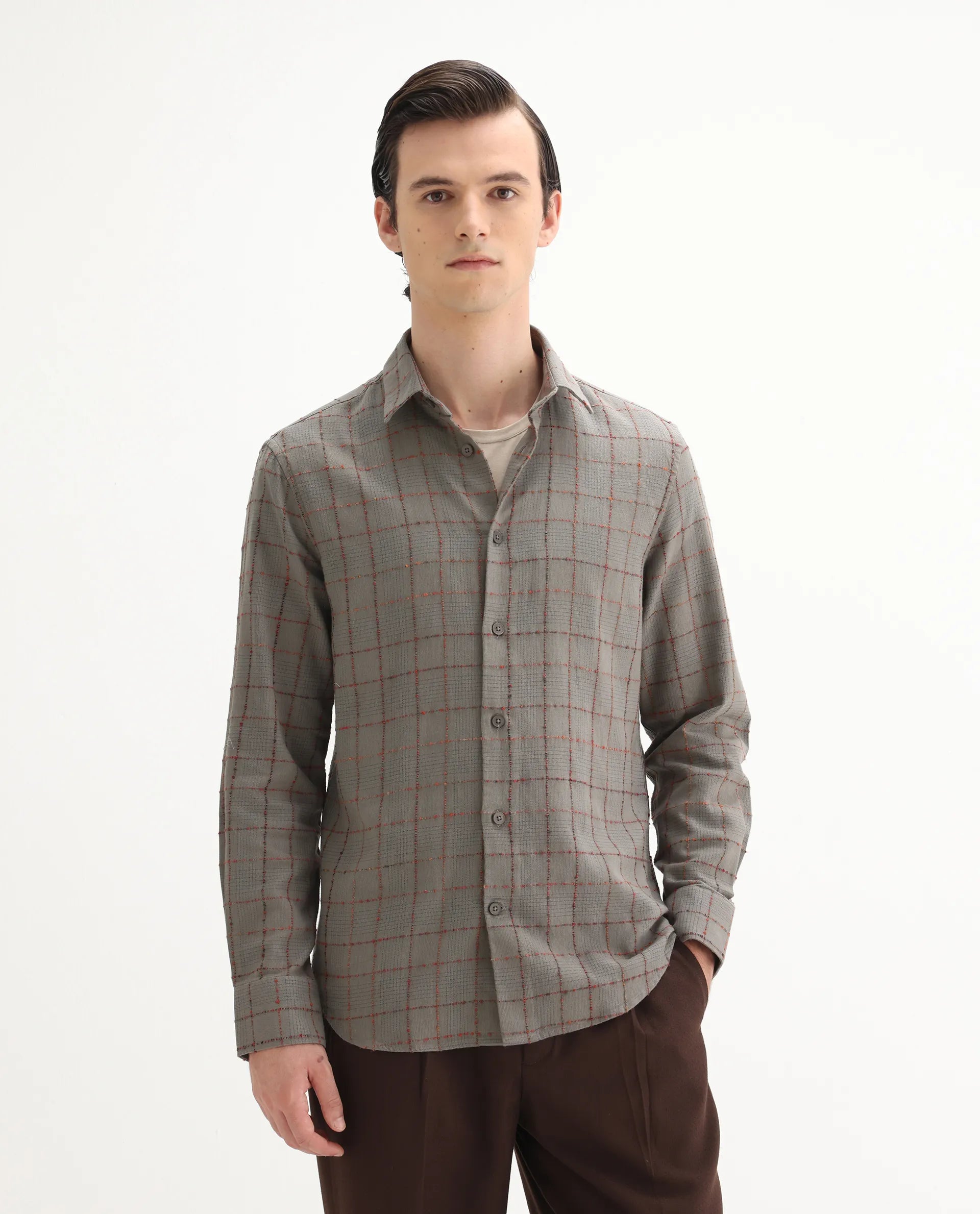 Rare Rabbit Men's Brule Grey Polyester Blend Checked Print Regular Fit Full Sleeve Collared Shirt