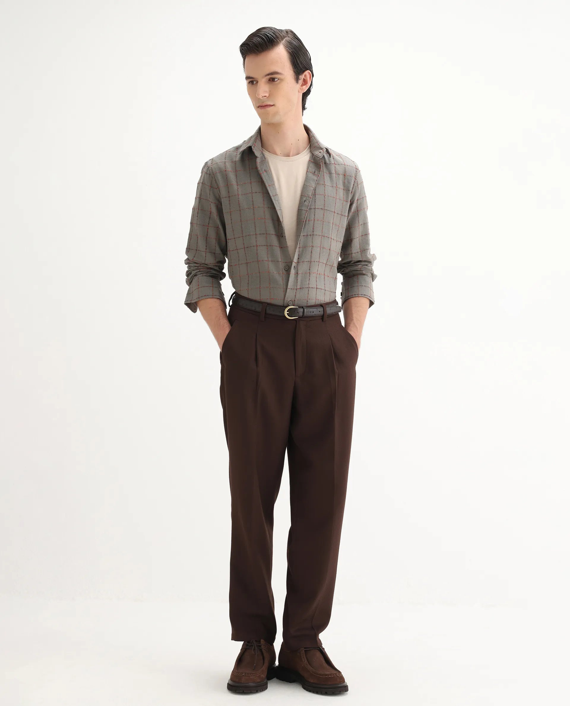 Rare Rabbit Men's Brule Grey Polyester Blend Checked Print Regular Fit Full Sleeve Collared Shirt