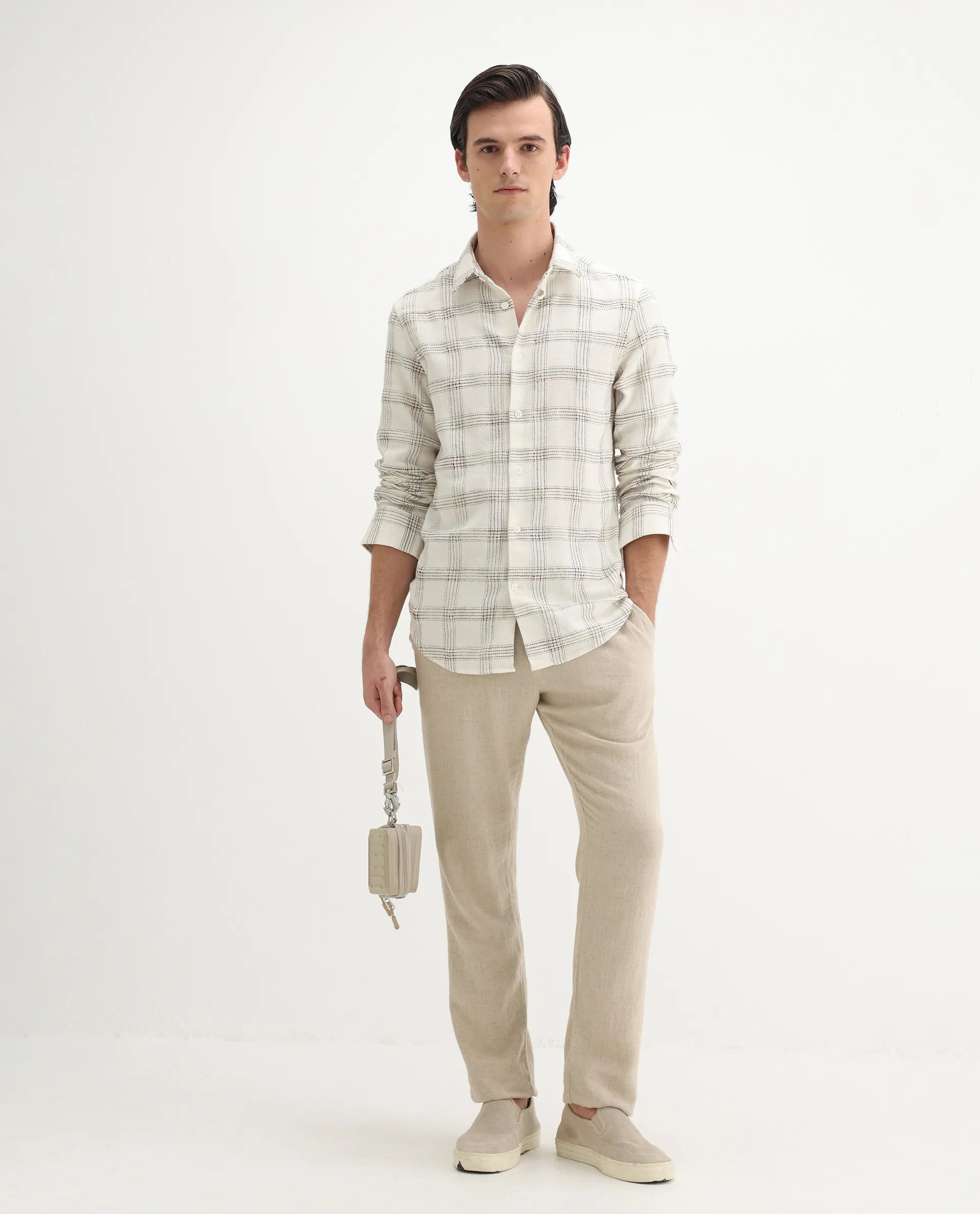 Rare Rabbit Men's Brule White Polyester Blend Checked Print Regular Fit Full Sleeve Collared Shirt