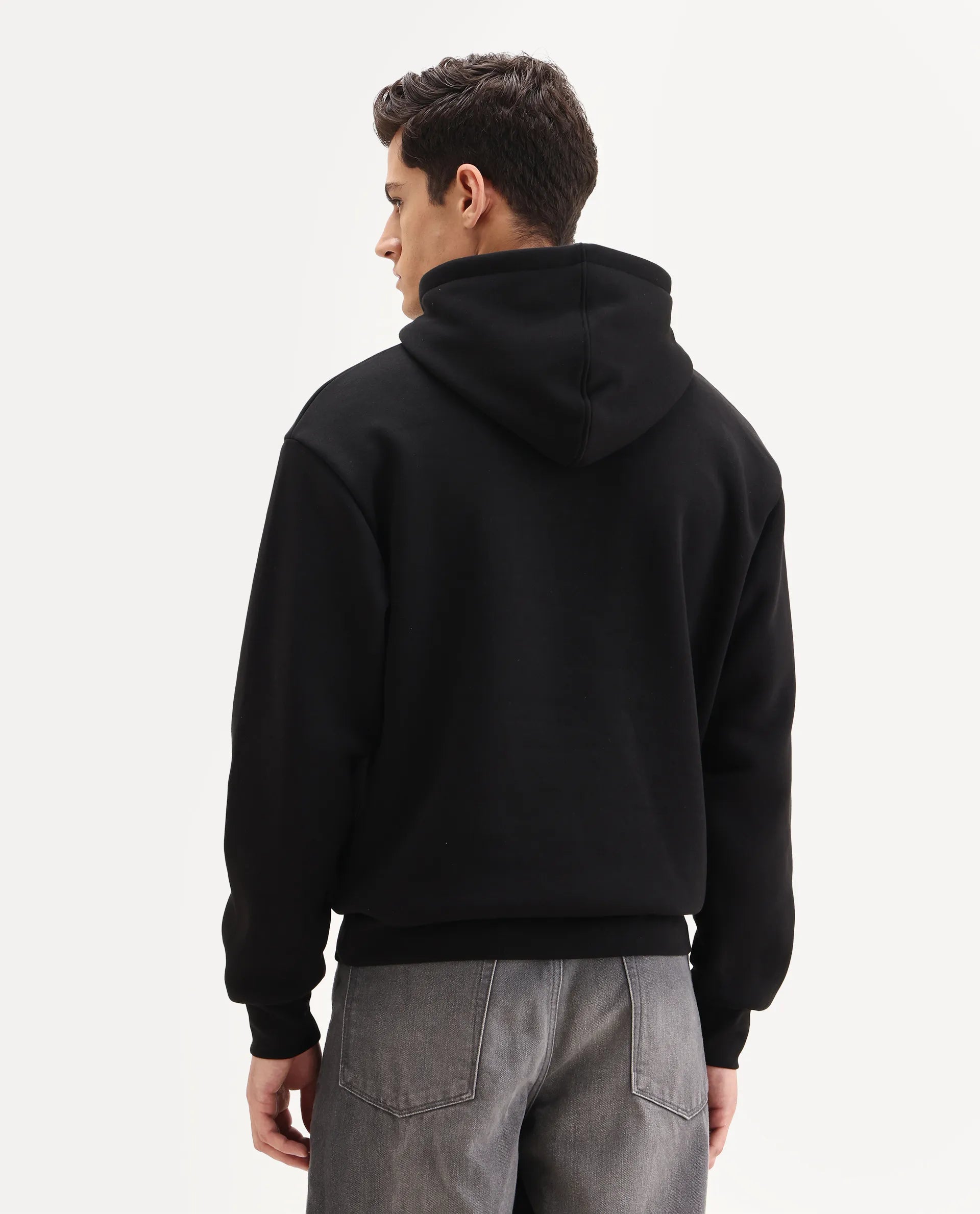 Rare Rabbit Men's Brun Black Cotton Blend Graphic Print Relaxed Fit Full Sleeve Hooded Sweatshirt