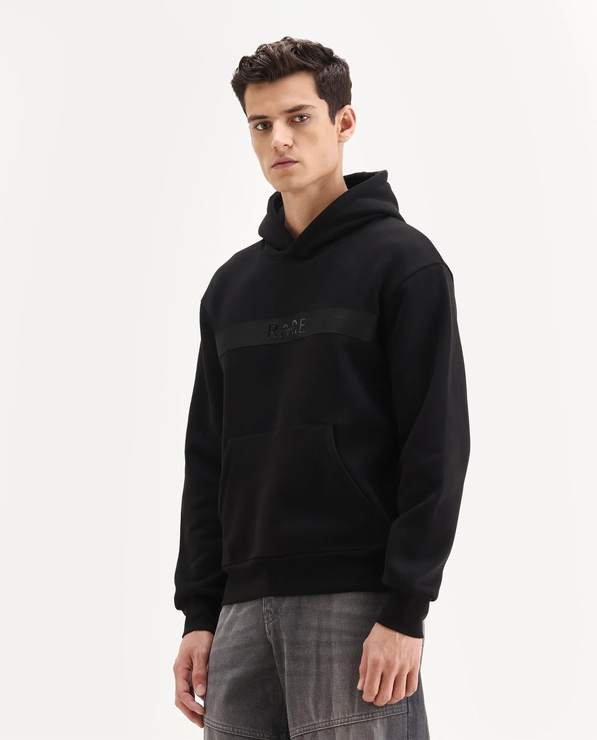 Rare Rabbit Men's Brun Black Cotton Blend Graphic Print Relaxed Fit Full Sleeve Hooded Sweatshirt