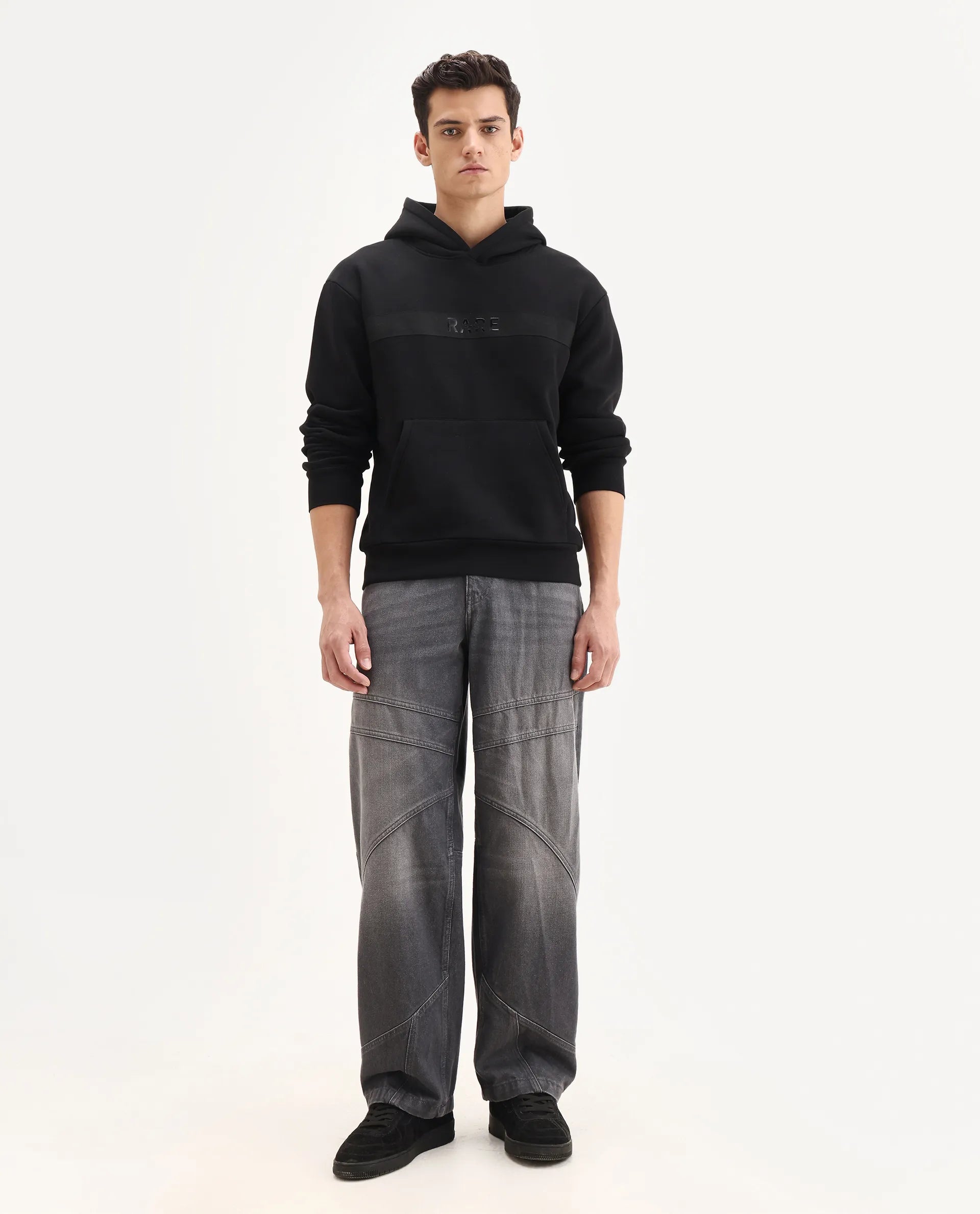 Rare Rabbit Men's Brun Black Cotton Blend Graphic Print Relaxed Fit Full Sleeve Hooded Sweatshirt