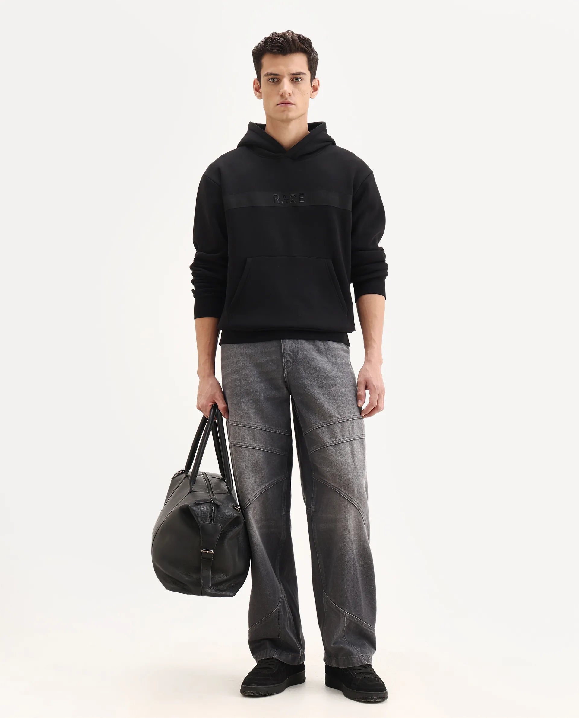 Rare Rabbit Men's Brun Black Cotton Blend Graphic Print Relaxed Fit Full Sleeve Hooded Sweatshirt