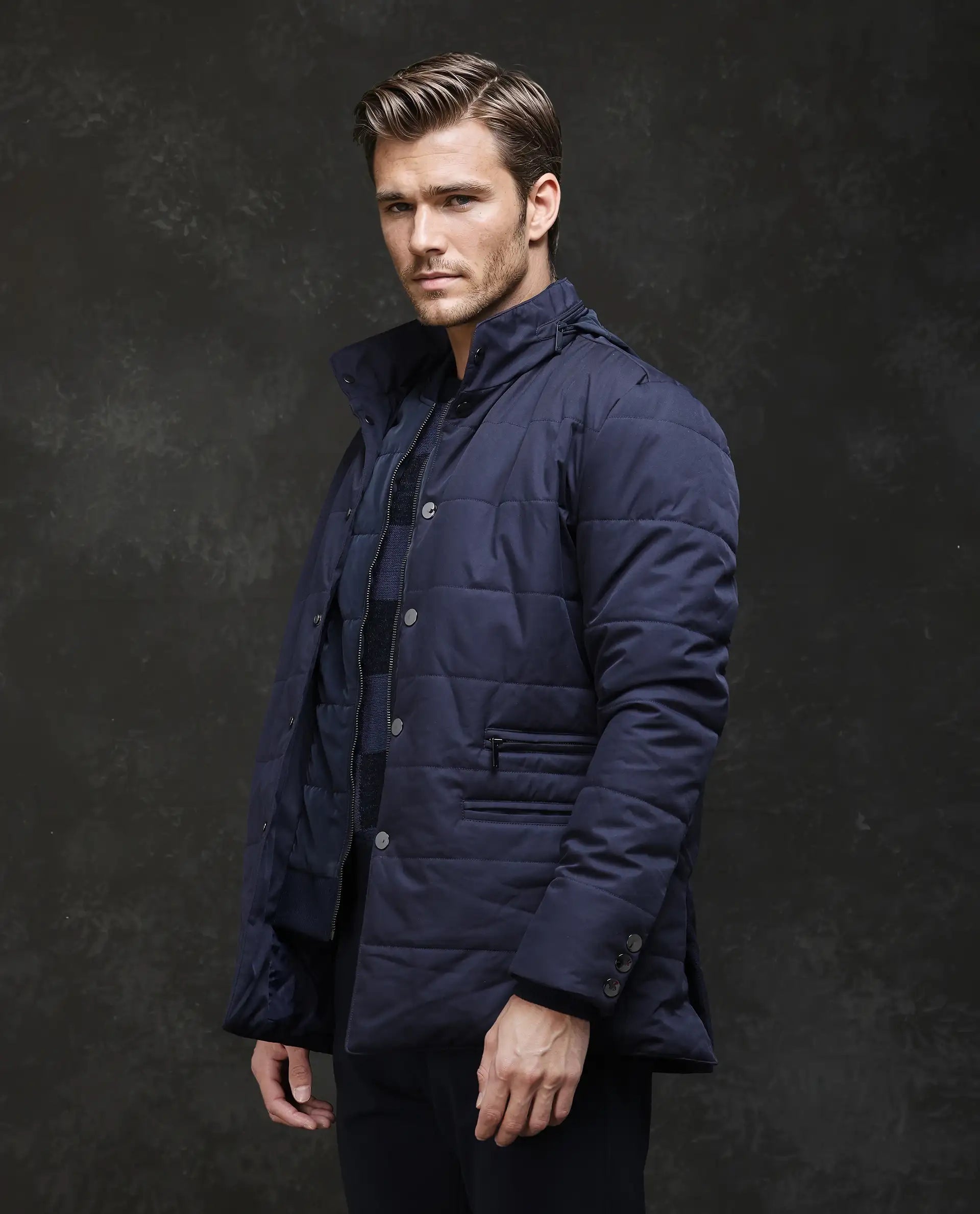 Rare Rabbit Men Brunel Navy Polyester Fabric Full Sleeve High Neck Button And Zip Closure Plain Jacket