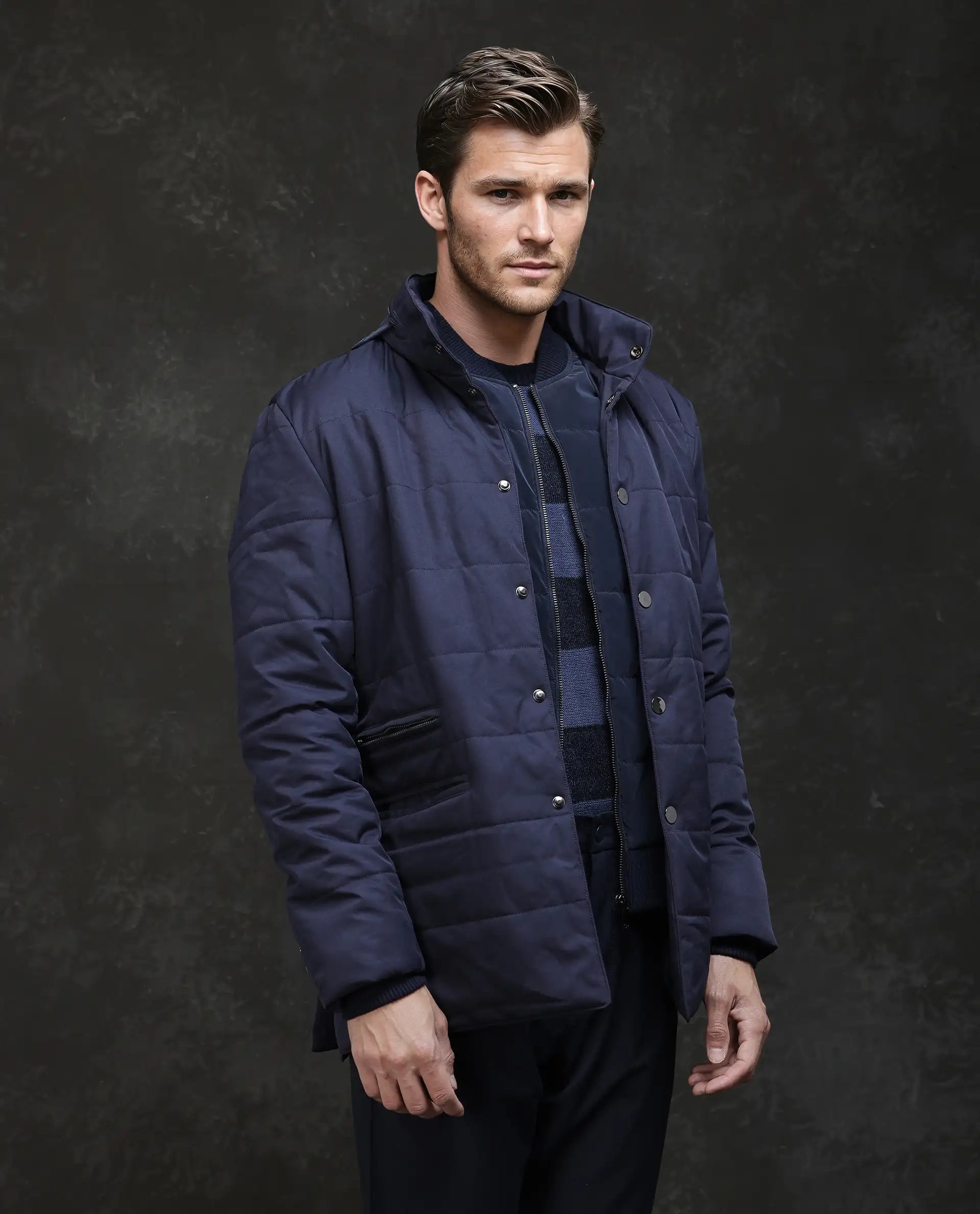 Rare Rabbit Men Brunel Navy Polyester Fabric Full Sleeve High Neck Button And Zip Closure Plain Jacket