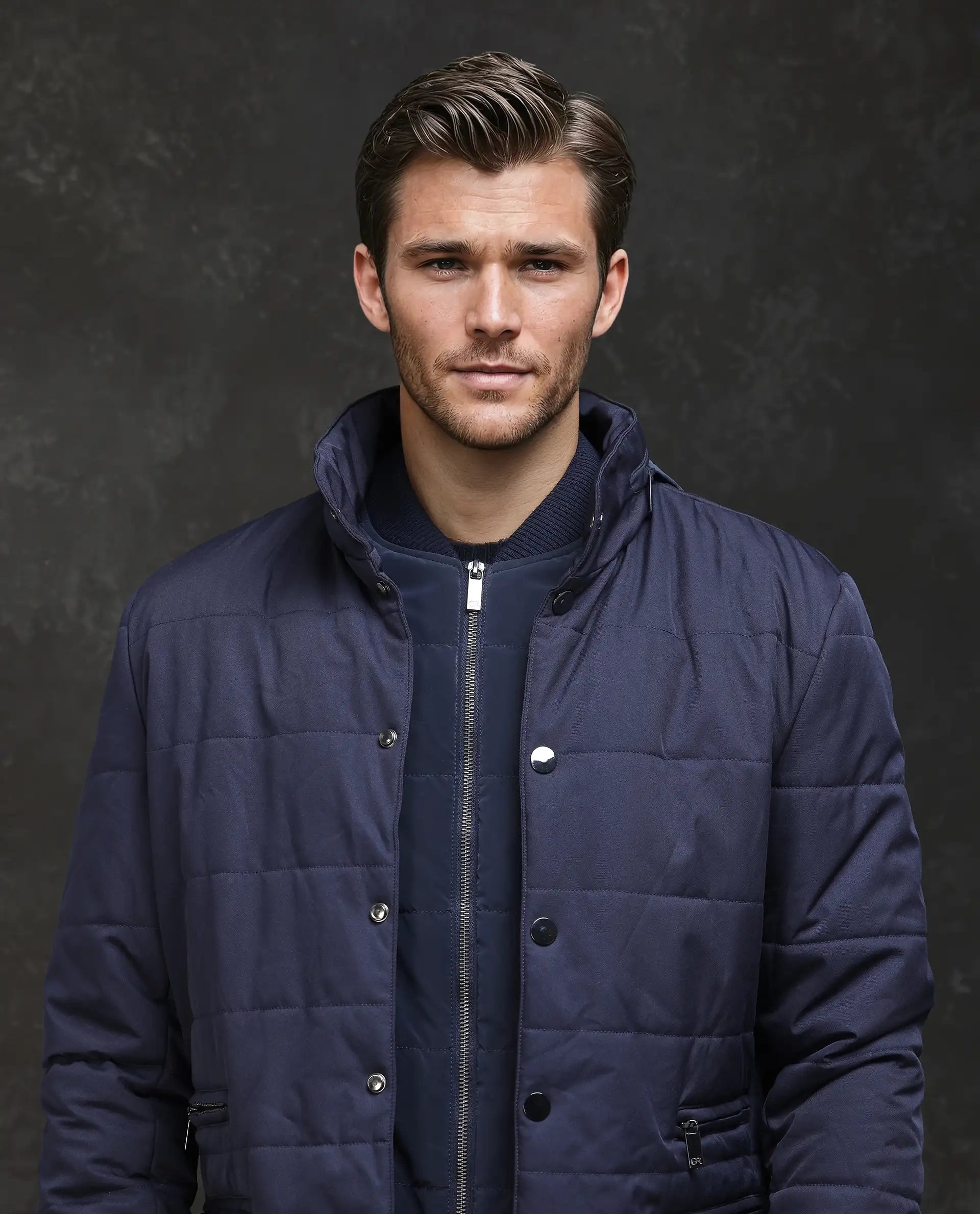 Rare Rabbit Men Brunel Navy Polyester Fabric Full Sleeve High Neck Button And Zip Closure Plain Jacket