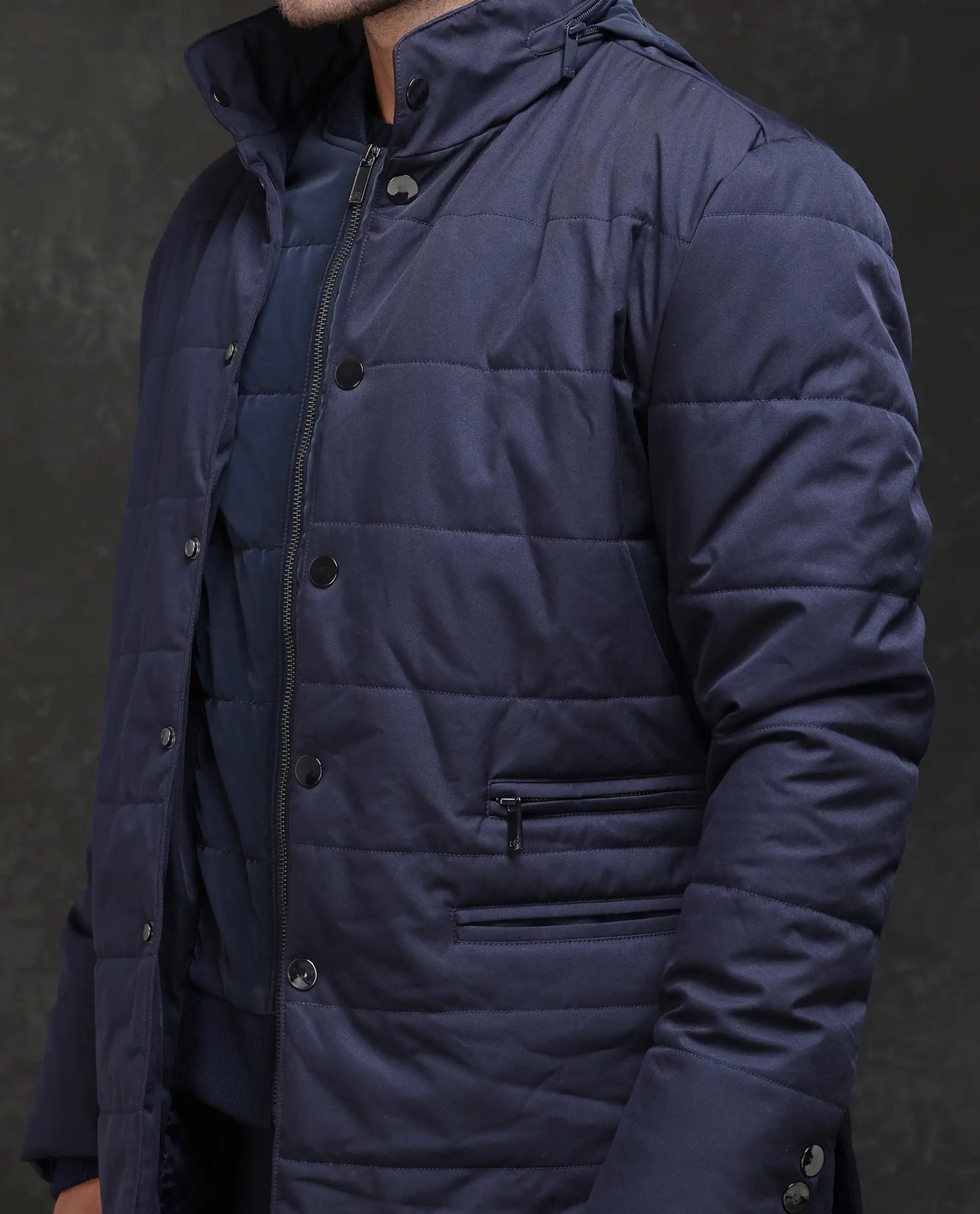 Rare Rabbit Men Brunel Navy Polyester Fabric Full Sleeve High Neck Button And Zip Closure Plain Jacket
