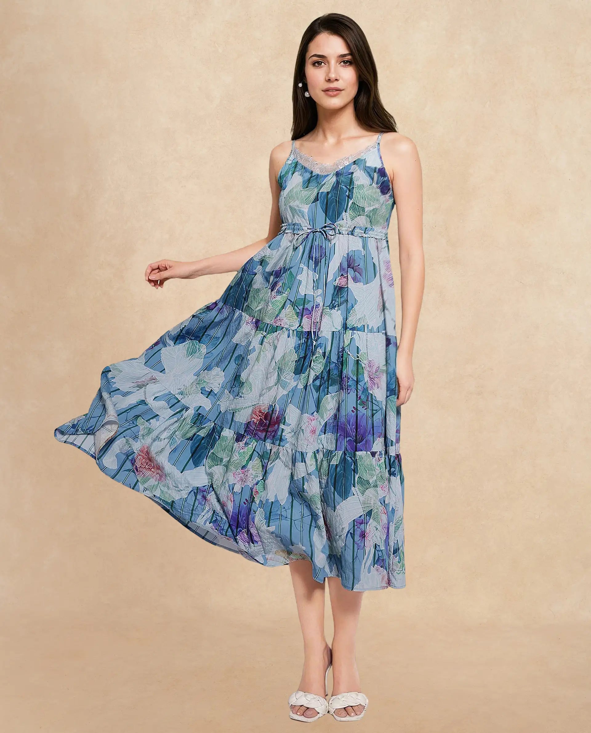 Rareism Women Btewart-SC Blue Shoulder Straps Shoulder Straps Zipper Closure Fit And Flare Floral Print Midi Dress