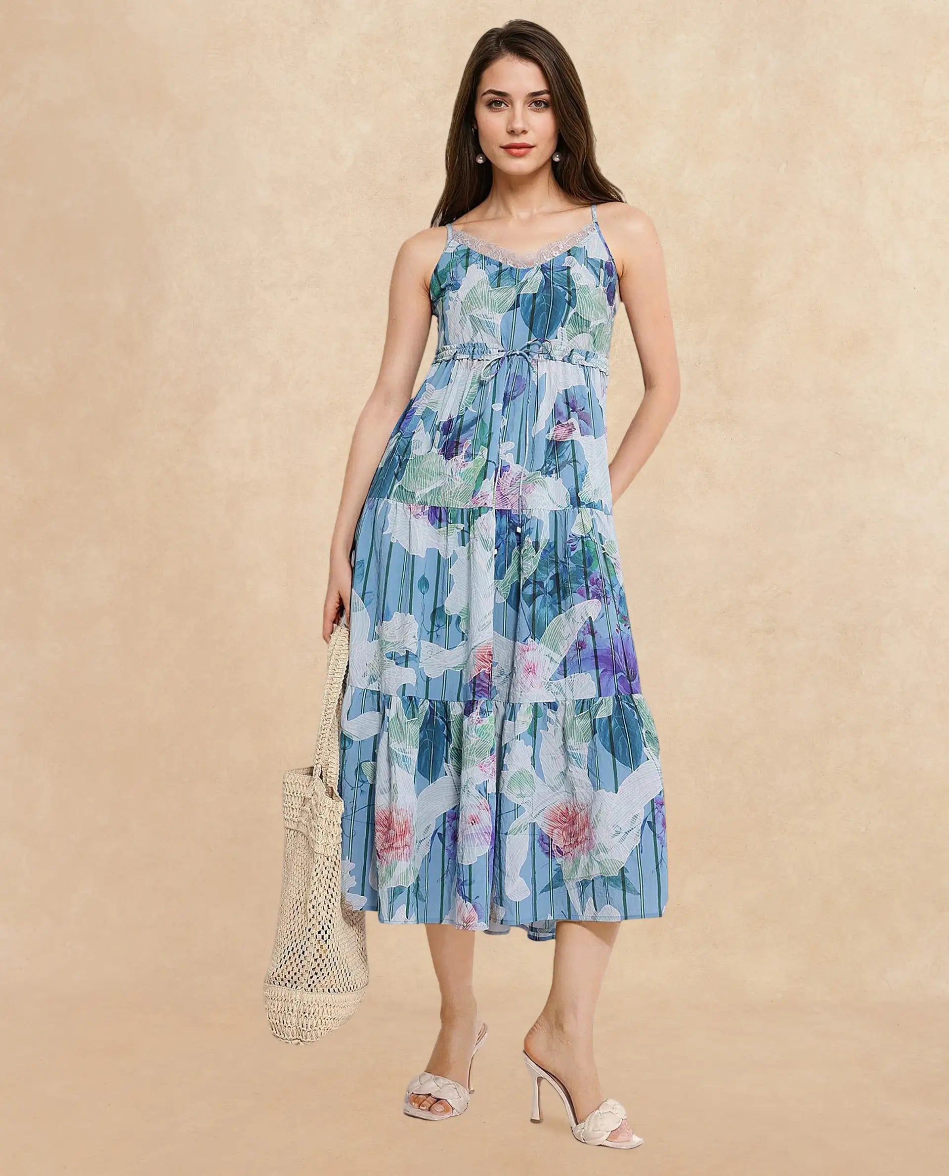 Rareism Women Btewart-SC Blue Shoulder Straps Shoulder Straps Zipper Closure Fit And Flare Floral Print Midi Dress