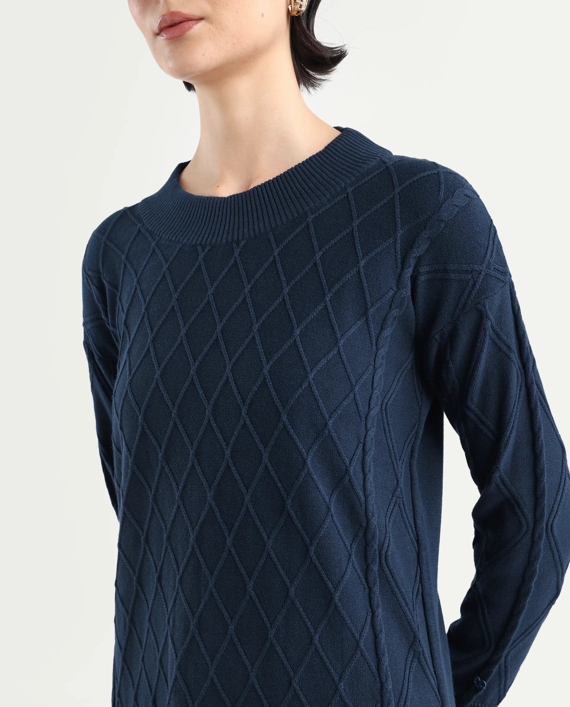 Rareism Women's Budd Navy Cotton Crew Neck Plain Knee Length Regular Fit Sweater