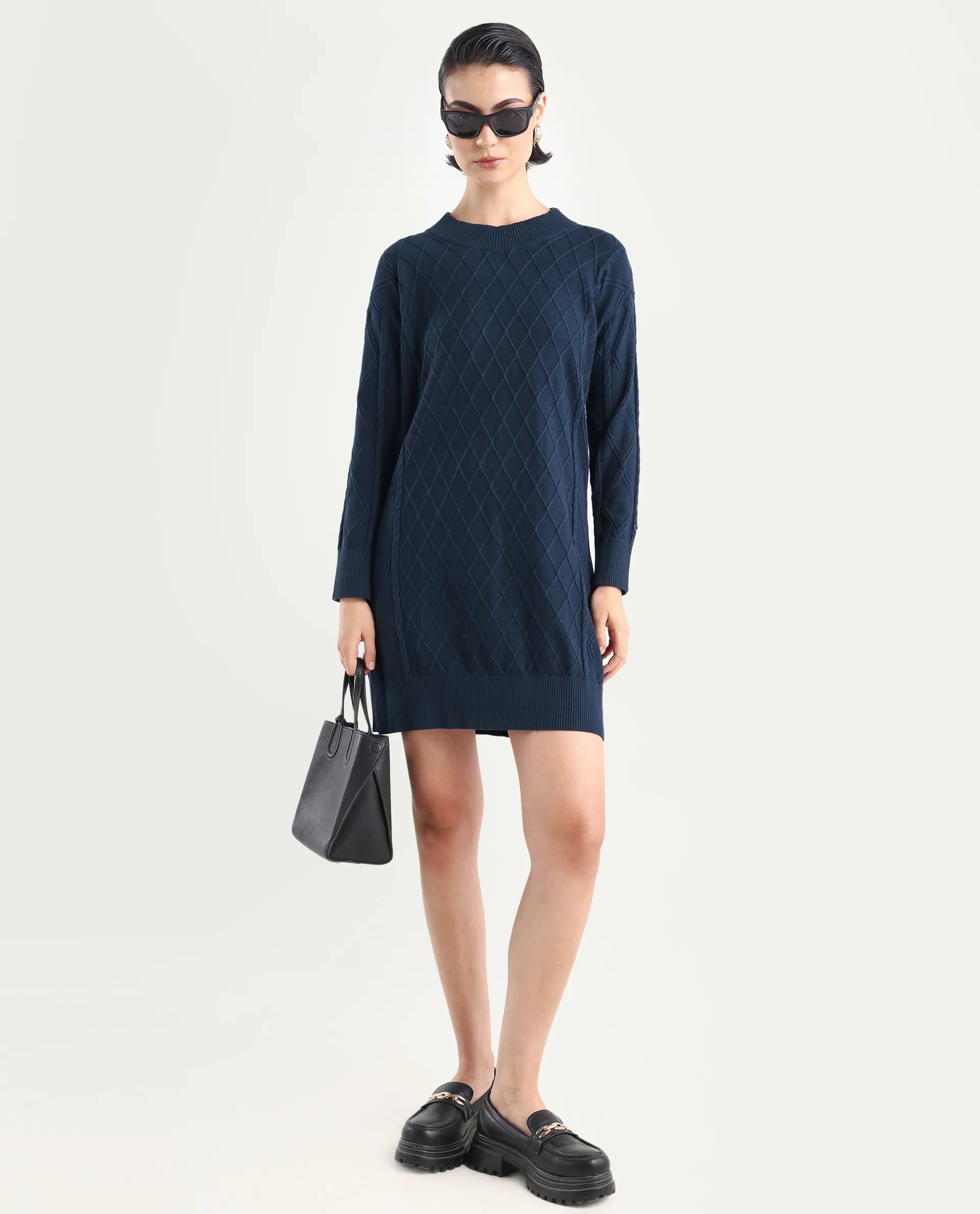 Rareism Women's Budd Navy Cotton Crew Neck Plain Knee Length Regular Fit Sweater