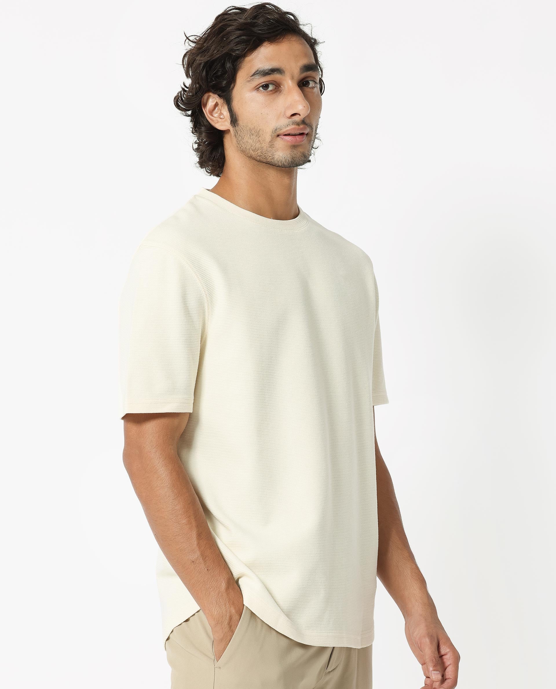 Rare Rabbit Men's Buenos Beige Solid Crew Neck Drop Shoulder Half Sleeves T-Shirt