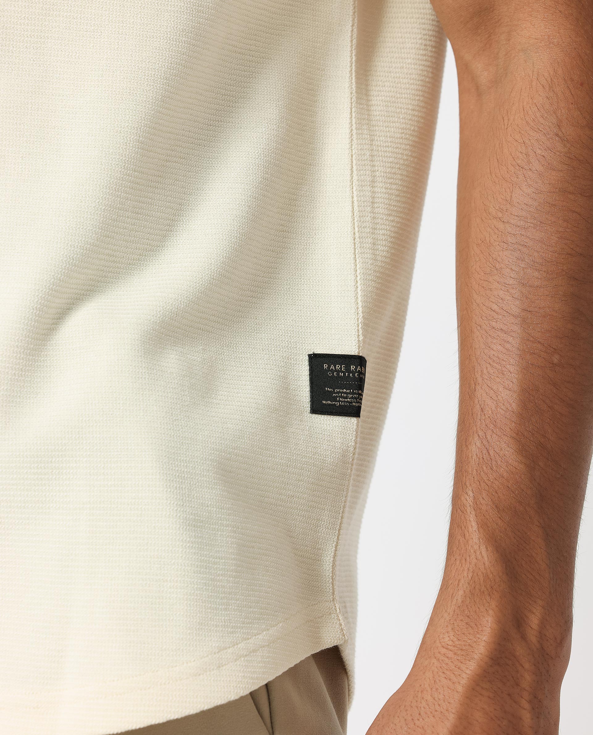 Rare Rabbit Men's Buenos Beige Solid Crew Neck Drop Shoulder Half Sleeves T-Shirt