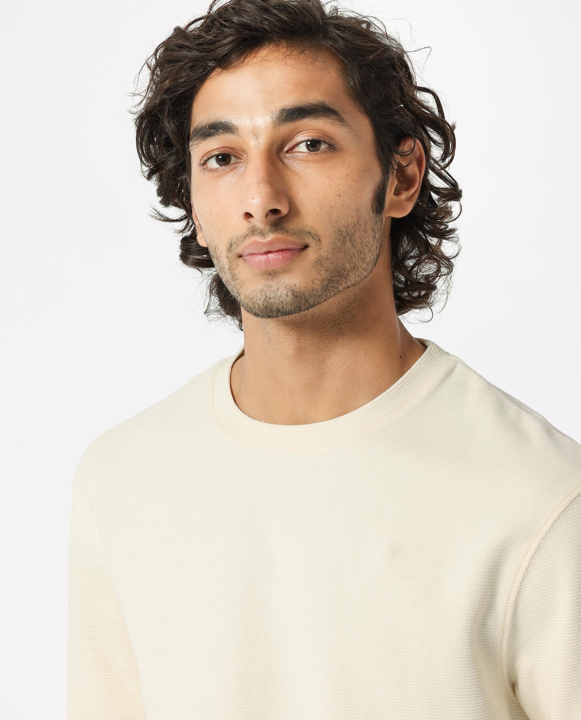 Rare Rabbit Men's Buenos Beige Solid Crew Neck Drop Shoulder Half Sleeves T-Shirt