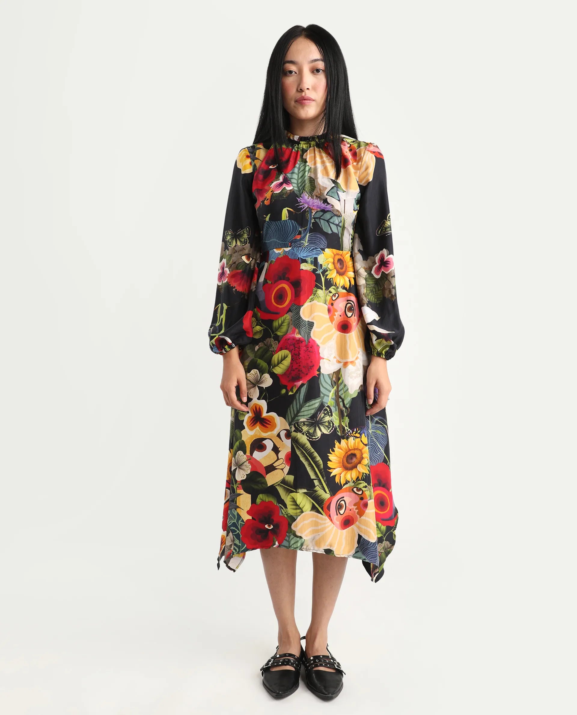 Rareism Women's Bufuz Black Silk Half Sleeve Flared Abstract Print Dress