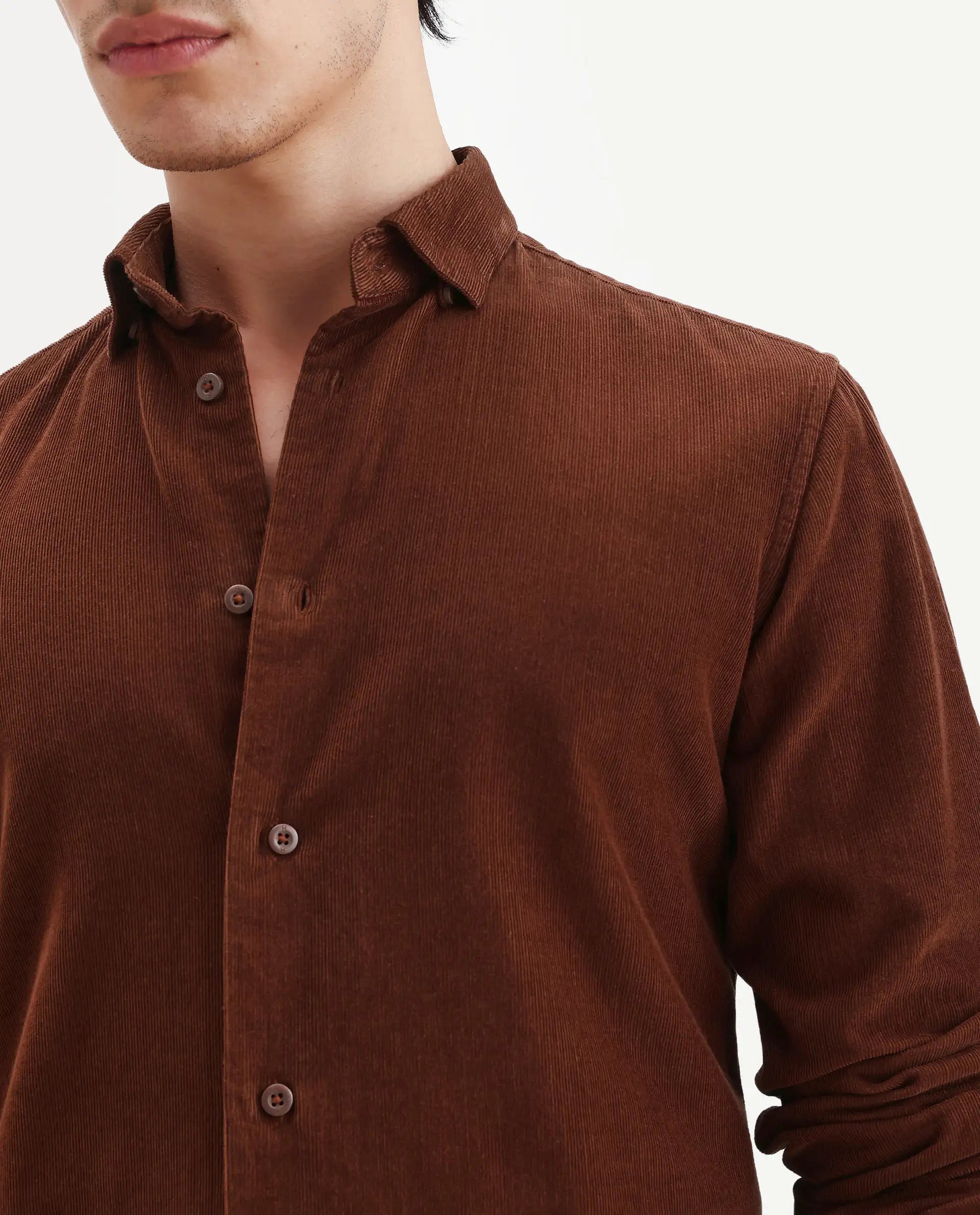 Rare Rabbit Men's Buita Dark Rust Cotton Plain Regular Fit Full Sleeve Collared Shirt