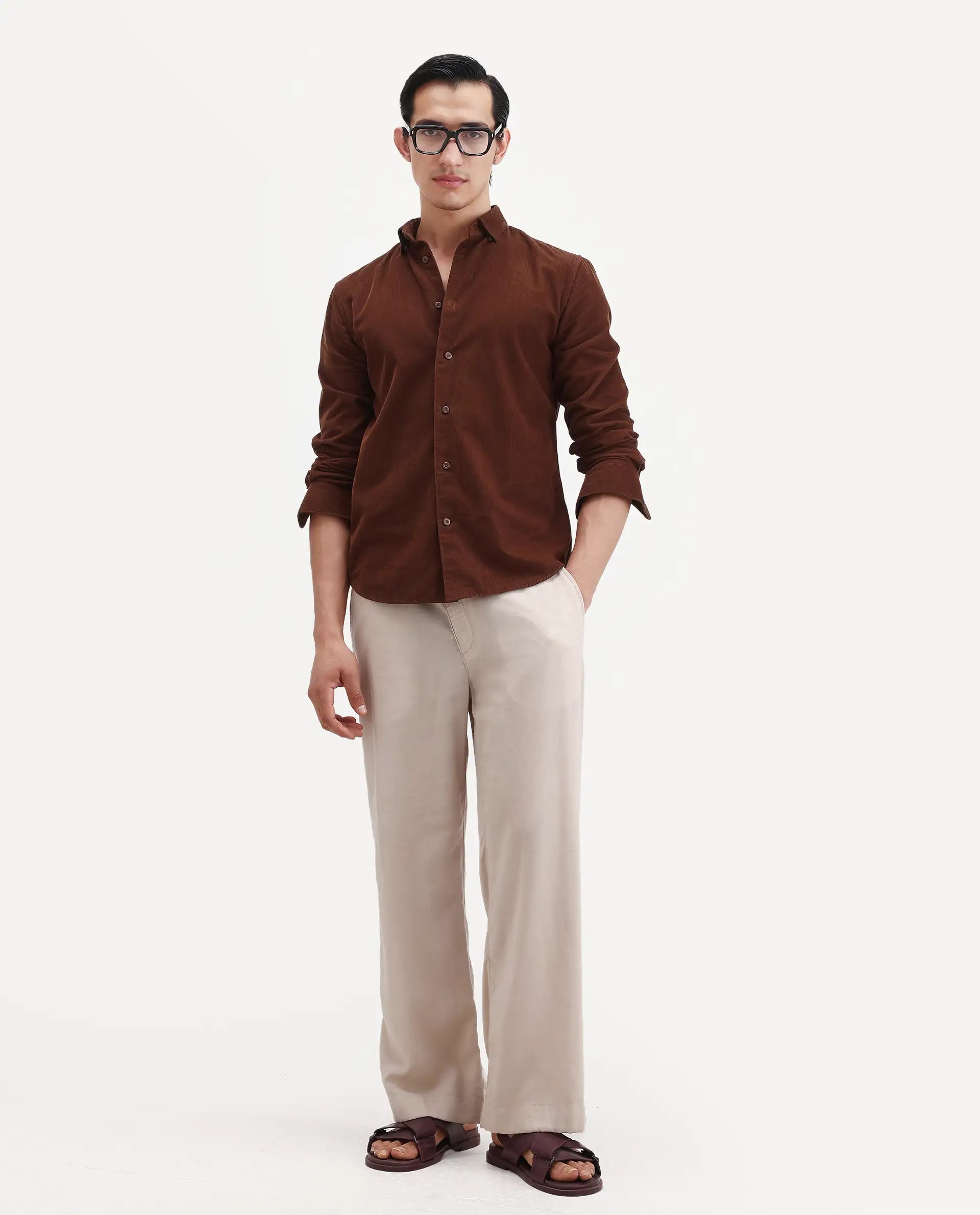 Rare Rabbit Men's Buita Dark Rust Cotton Plain Regular Fit Full Sleeve Collared Shirt