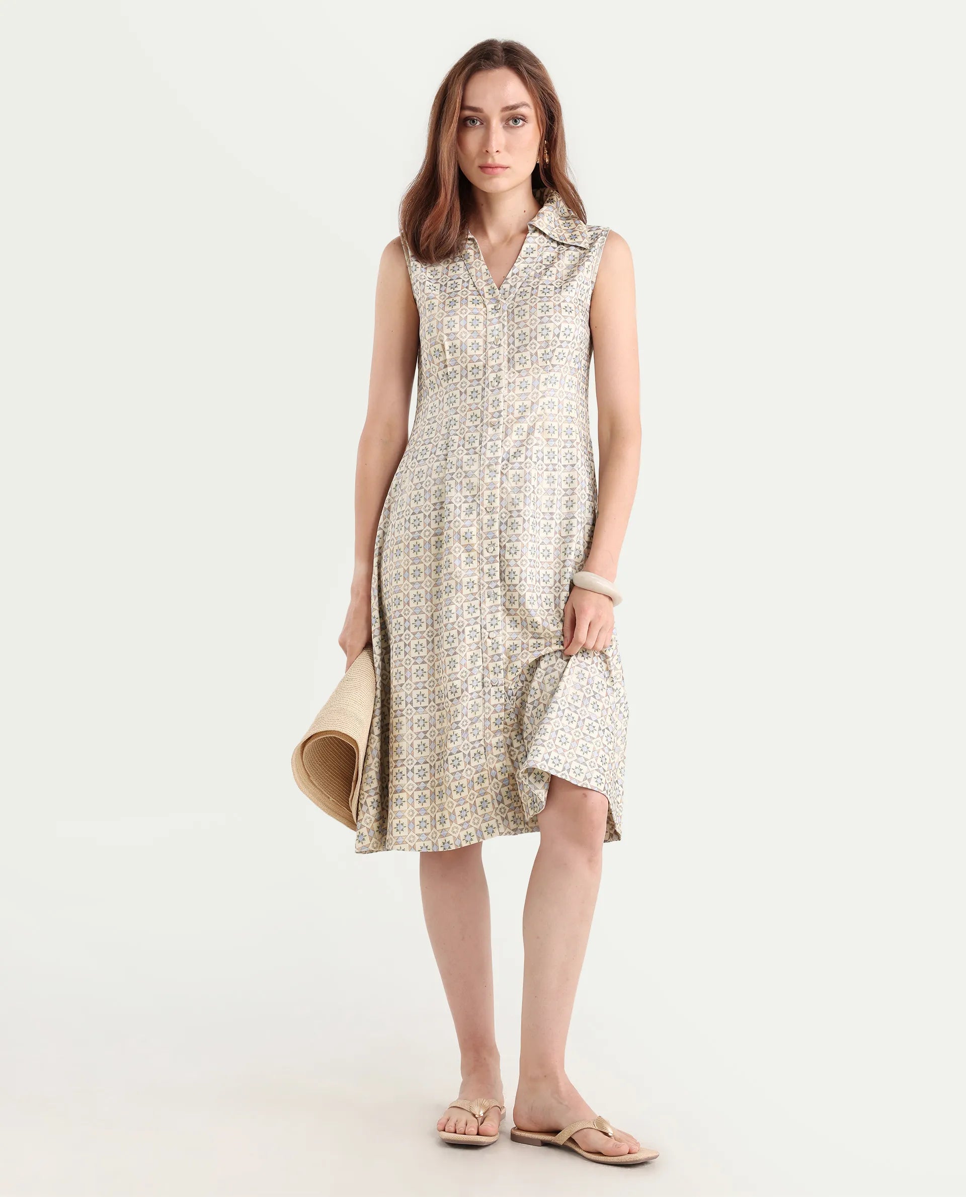 Rareism Women's Bujum Multi Linen Johnny Collar Geometric Print Sleeveless Midi A-Line Dress