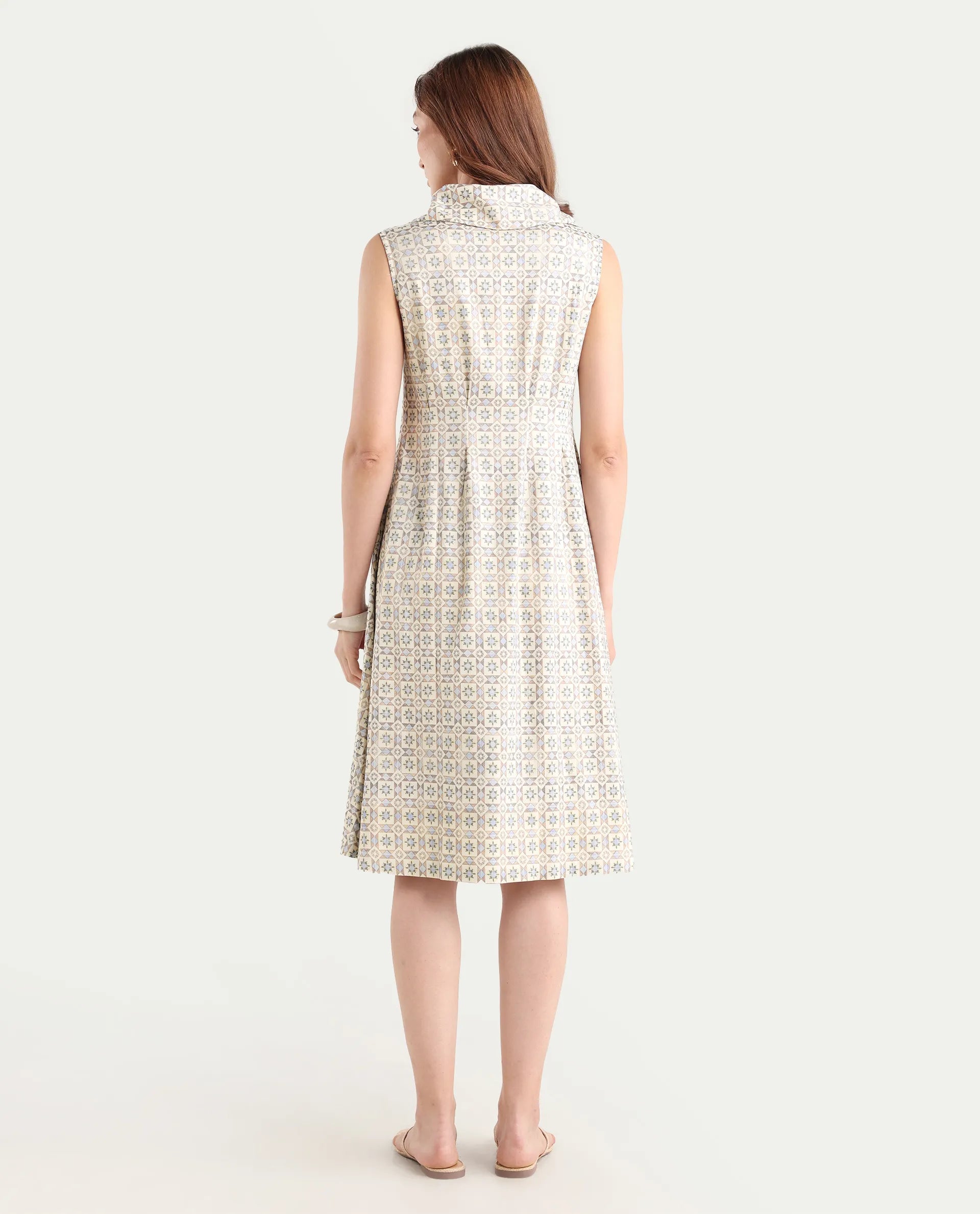 Rareism Women's Bujum Multi Linen Johnny Collar Geometric Print Sleeveless Midi A-Line Dress