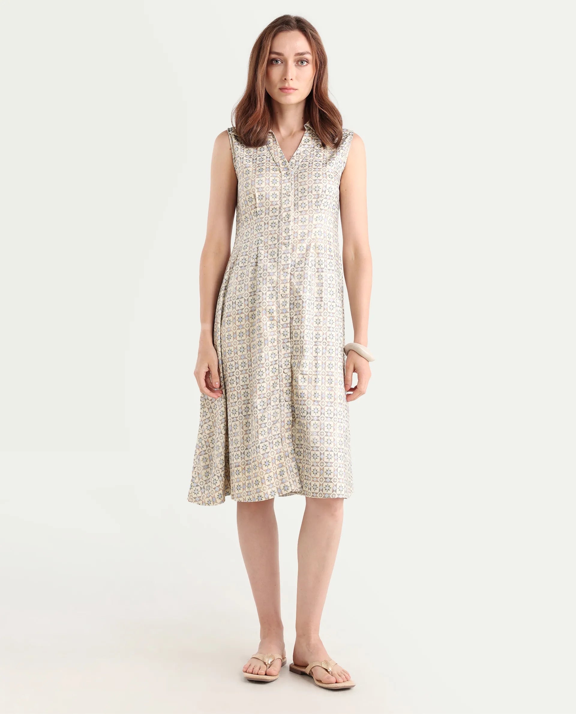 Rareism Women's Bujum Multi Linen Johnny Collar Geometric Print Sleeveless Midi A-Line Dress