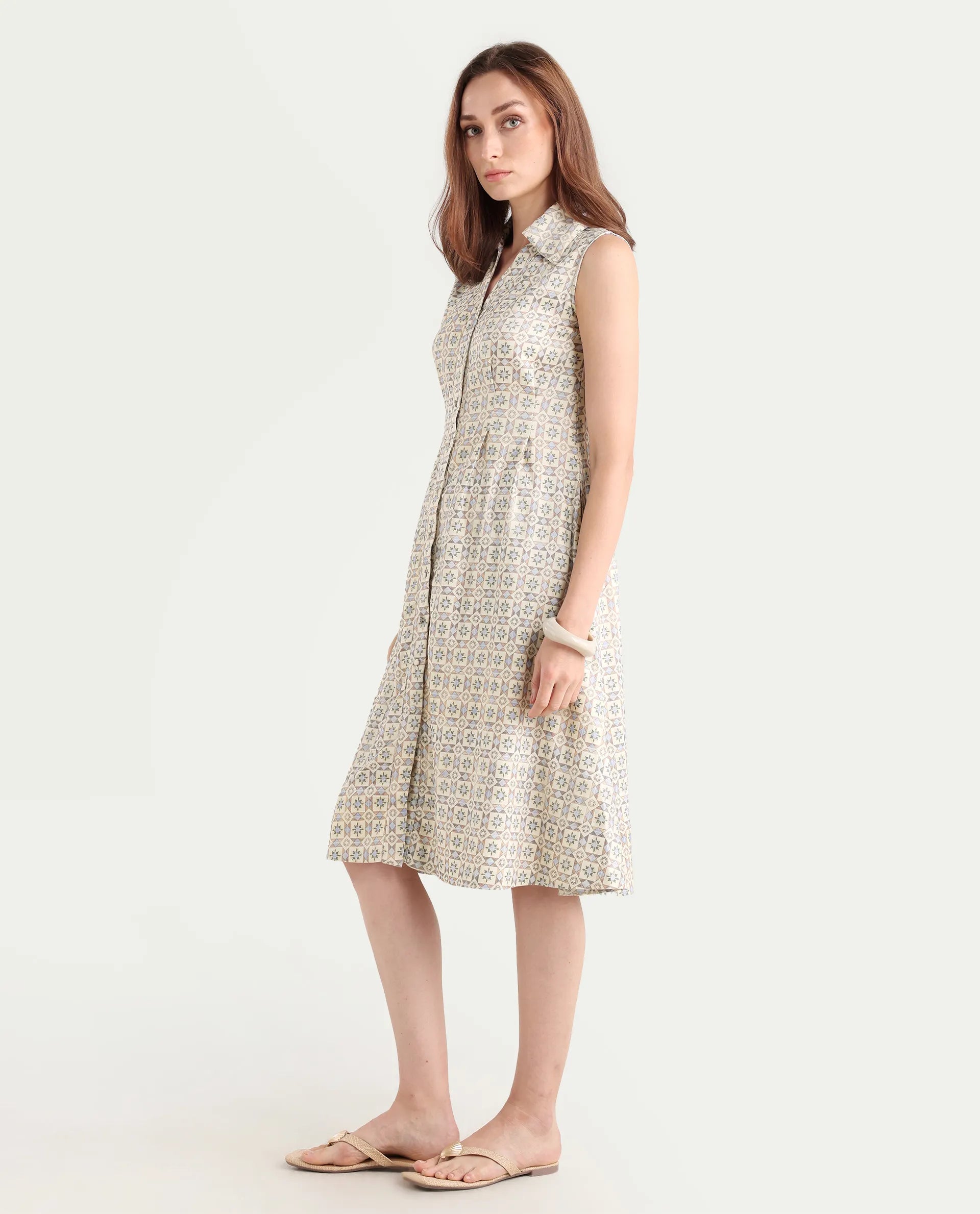 Rareism Women's Bujum Multi Linen Johnny Collar Geometric Print Sleeveless Midi A-Line Dress