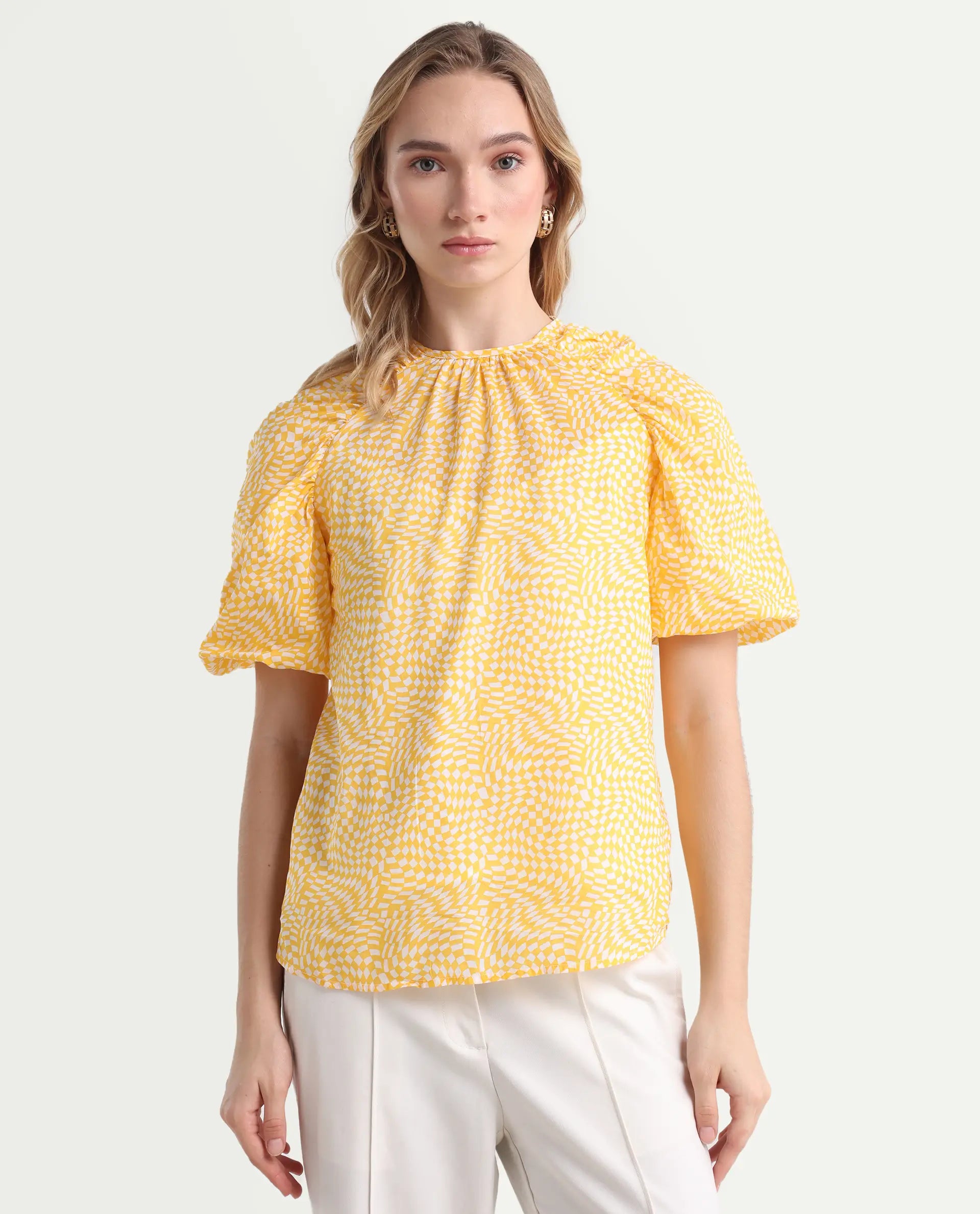 Rareism Women's Bulbine Yellow Cotton Crew Neck Geometric Print Extended Sleeves Regular Fit Top