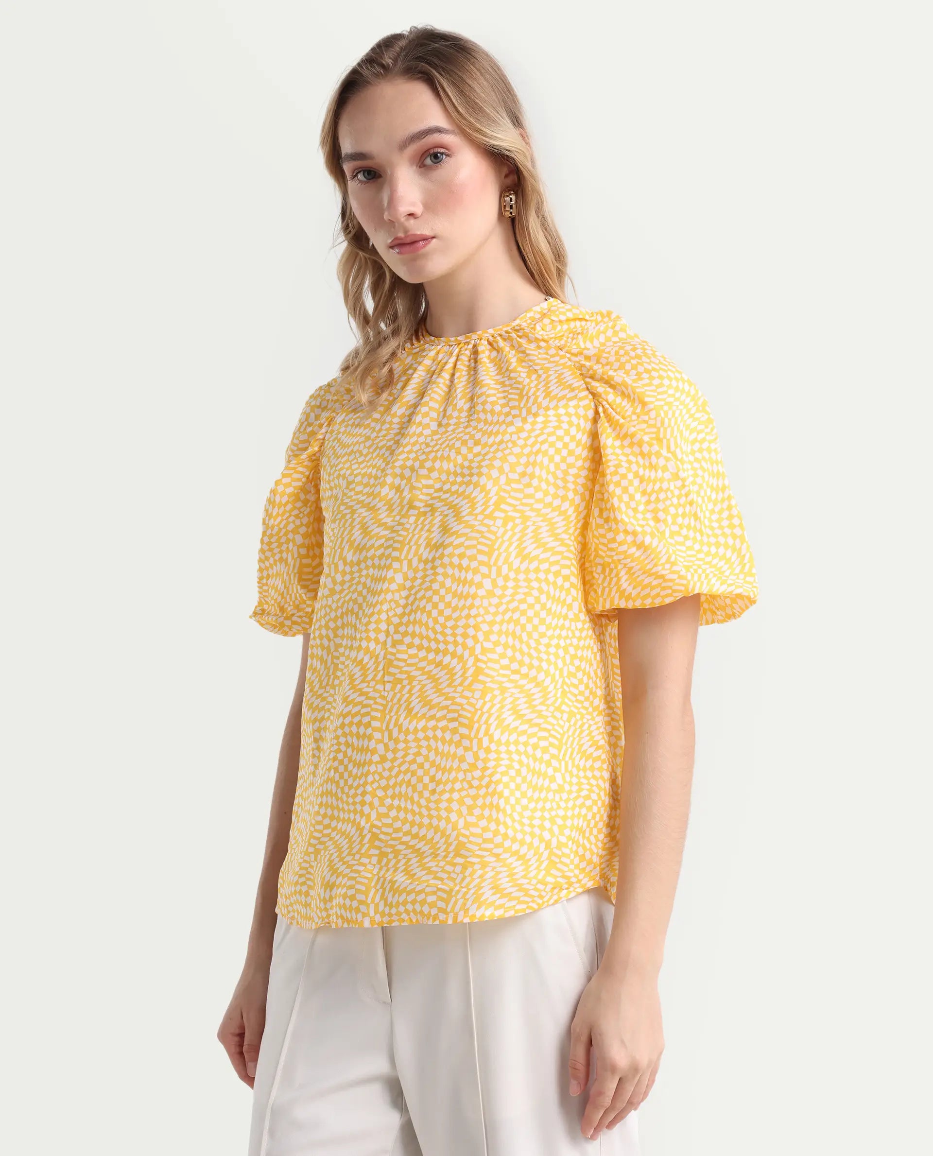 Rareism Women's Bulbine Yellow Cotton Crew Neck Geometric Print Extended Sleeves Regular Fit Top
