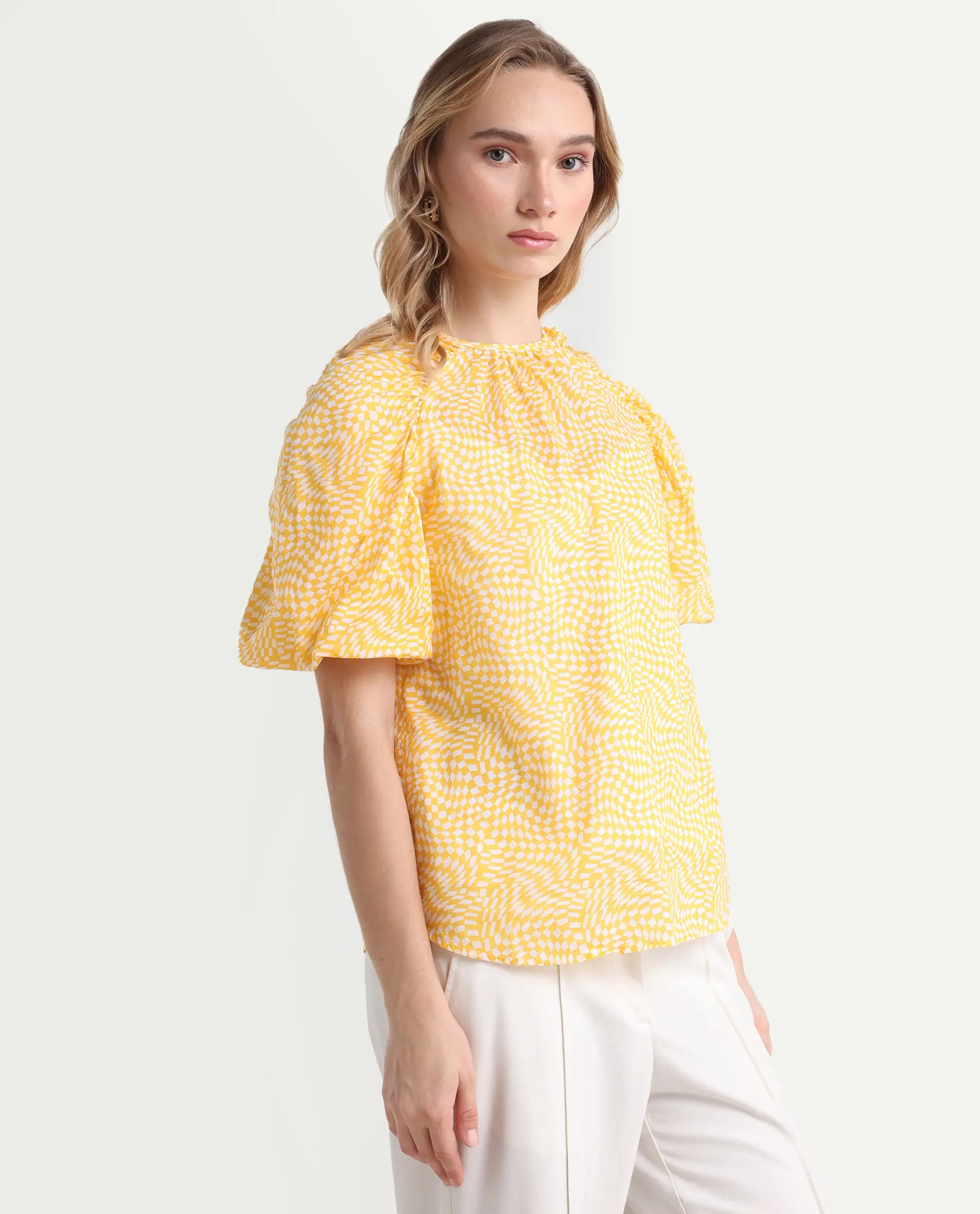 Rareism Women's Bulbine Yellow Cotton Crew Neck Geometric Print Extended Sleeves Regular Fit Top