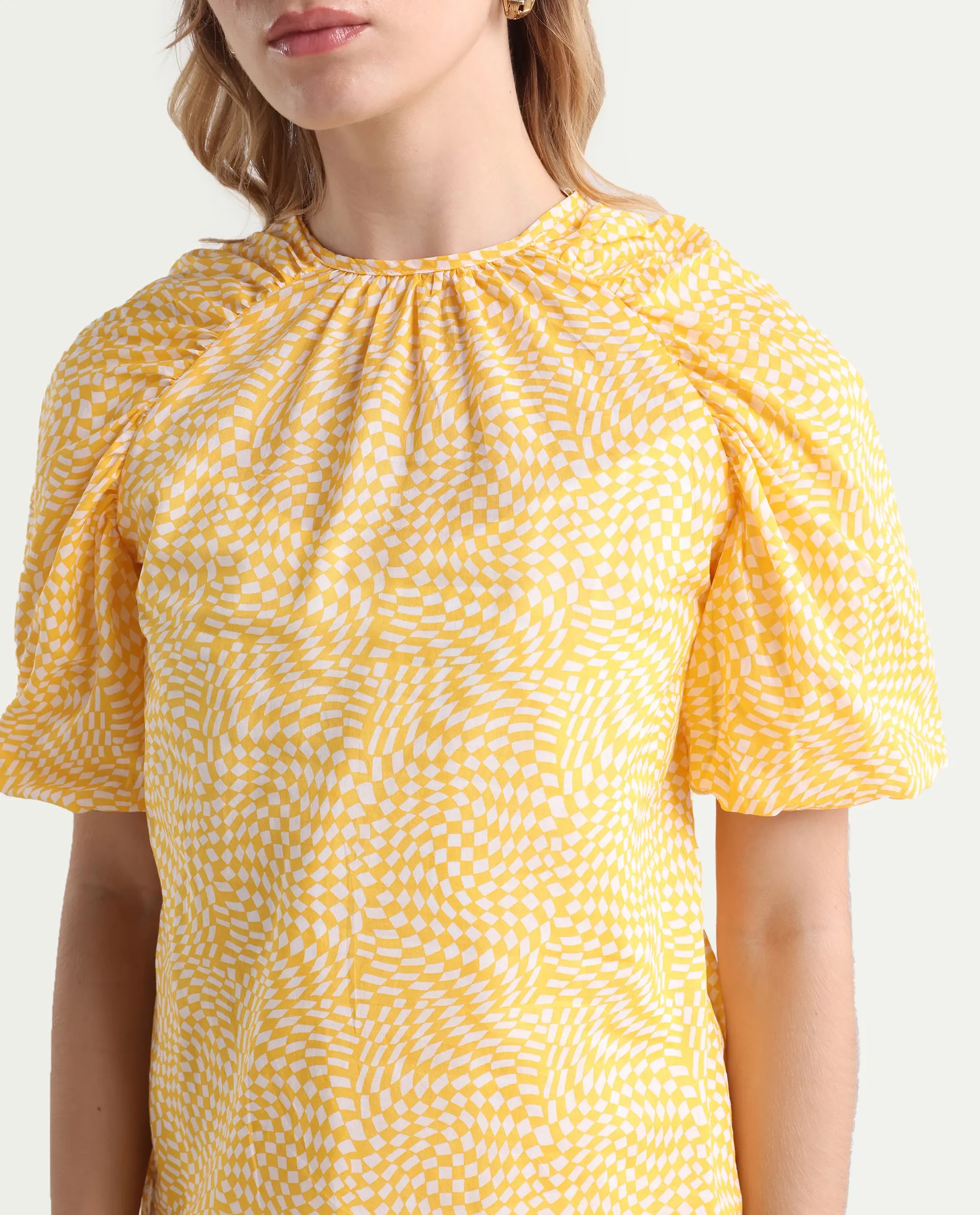 Rareism Women's Bulbine Yellow Cotton Crew Neck Geometric Print Extended Sleeves Regular Fit Top