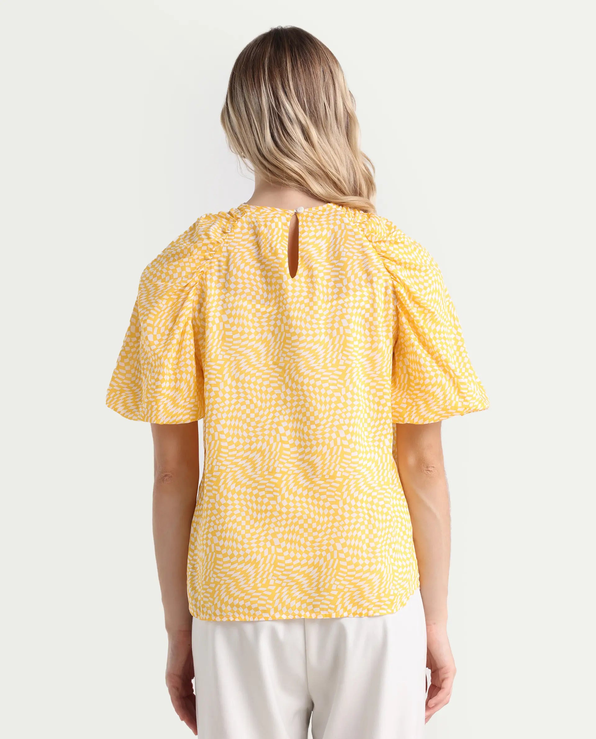 Rareism Women's Bulbine Yellow Cotton Crew Neck Geometric Print Extended Sleeves Regular Fit Top