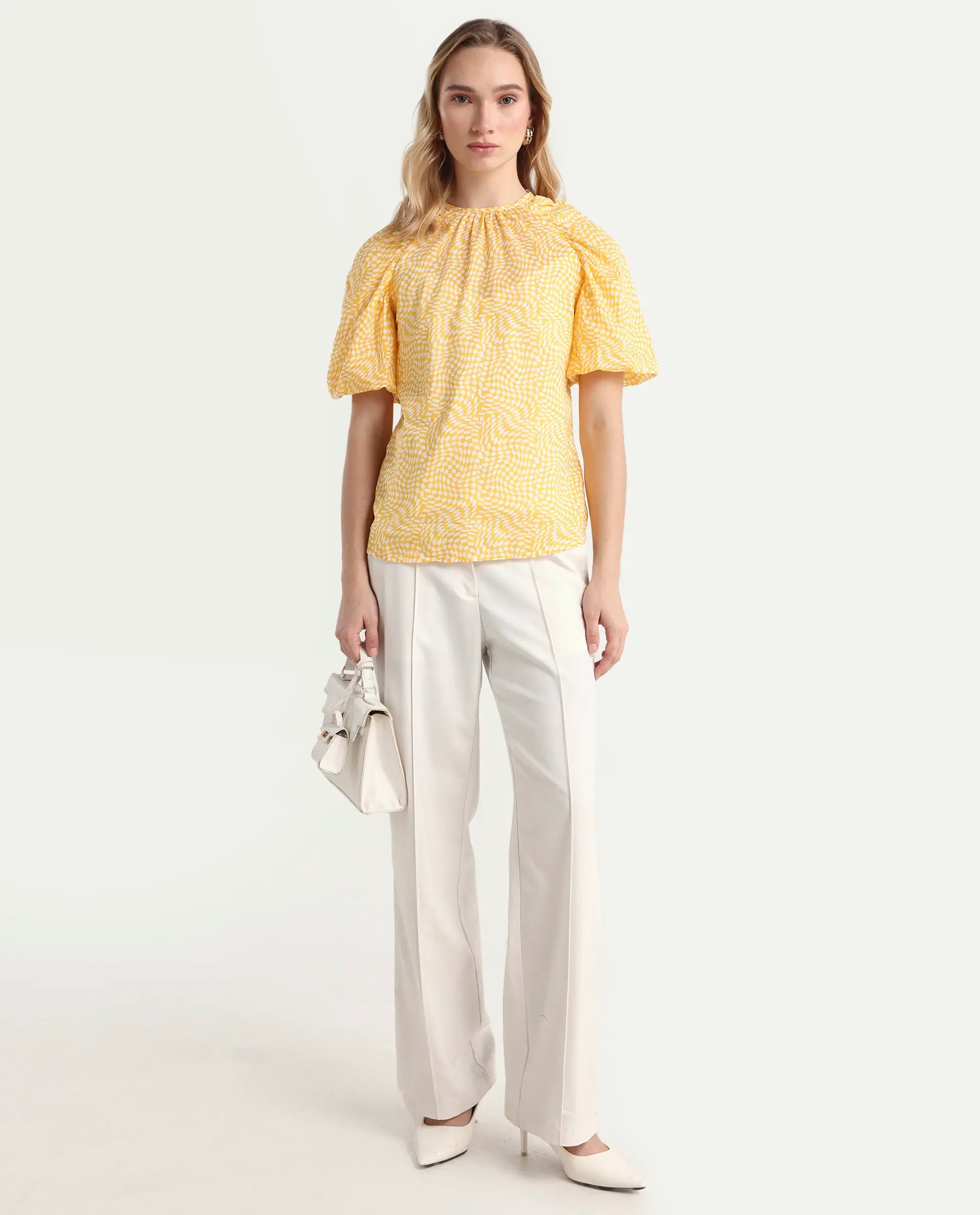 Rareism Women's Bulbine Yellow Cotton Crew Neck Geometric Print Extended Sleeves Regular Fit Top