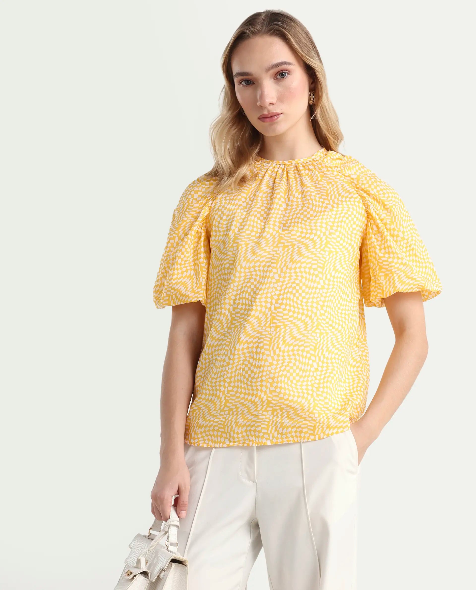 Rareism Women's Bulbine Yellow Cotton Crew Neck Geometric Print Extended Sleeves Regular Fit Top