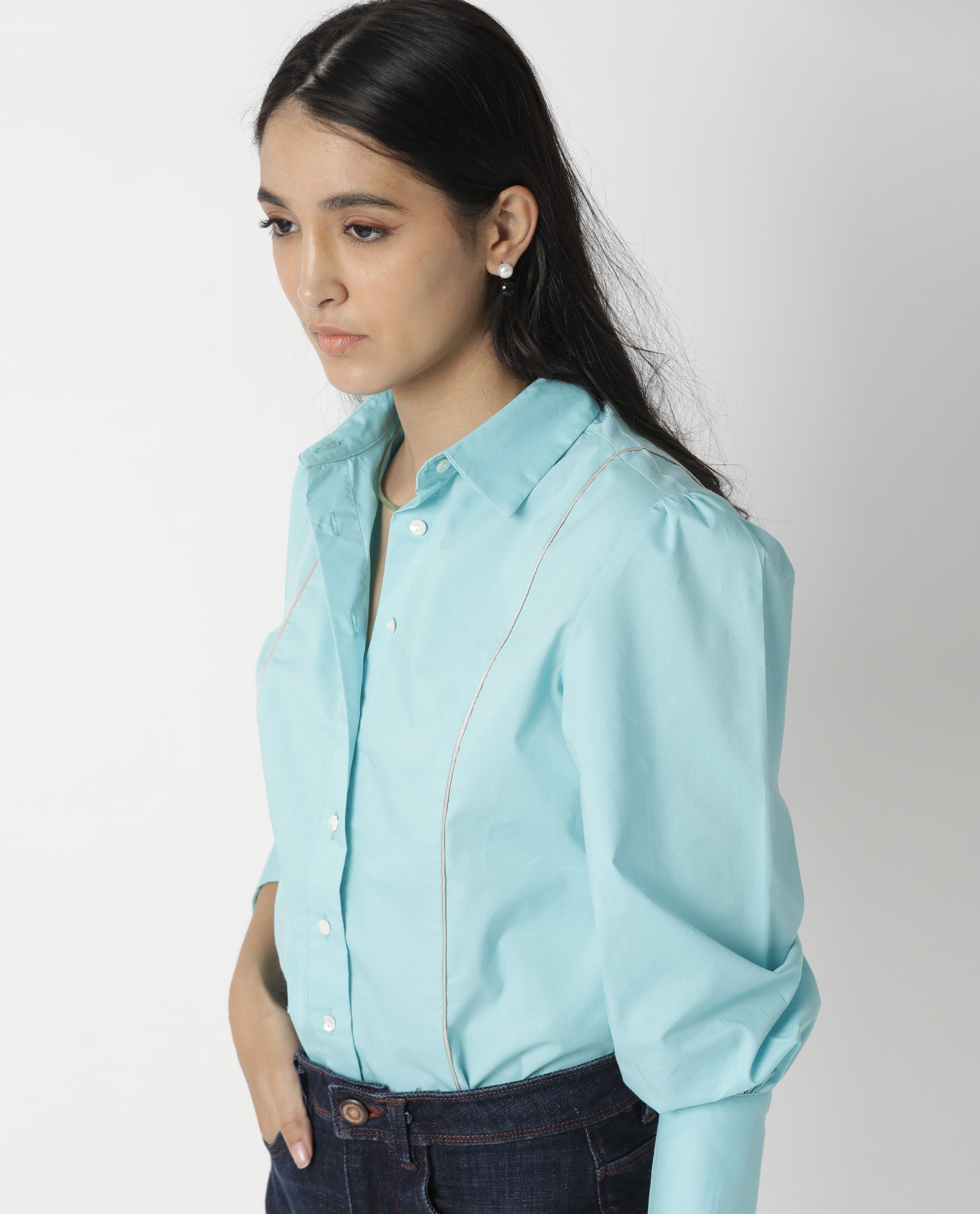 Rareism Women Bumble Blue Cotton Lycra Fabric Regular Fit Shirt Collar Full Sleeves Solid Top