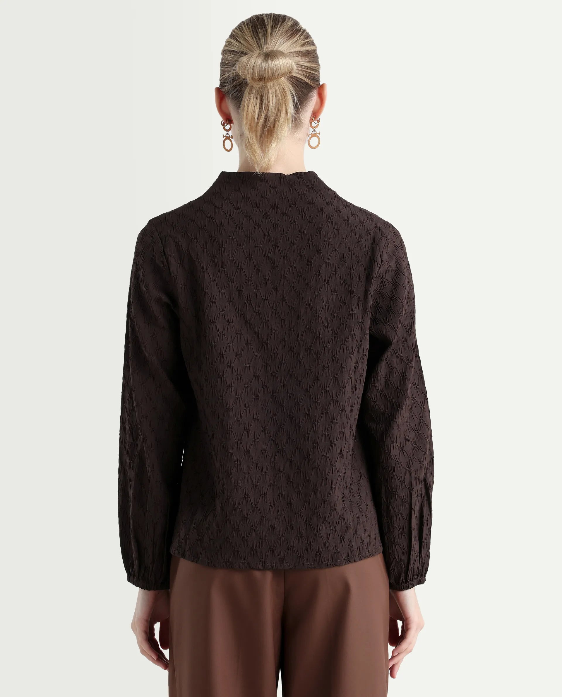 Rareism Women's Bummo Brown Polyester V-Neck Plain Balloon Sleeve Regular Fit Top