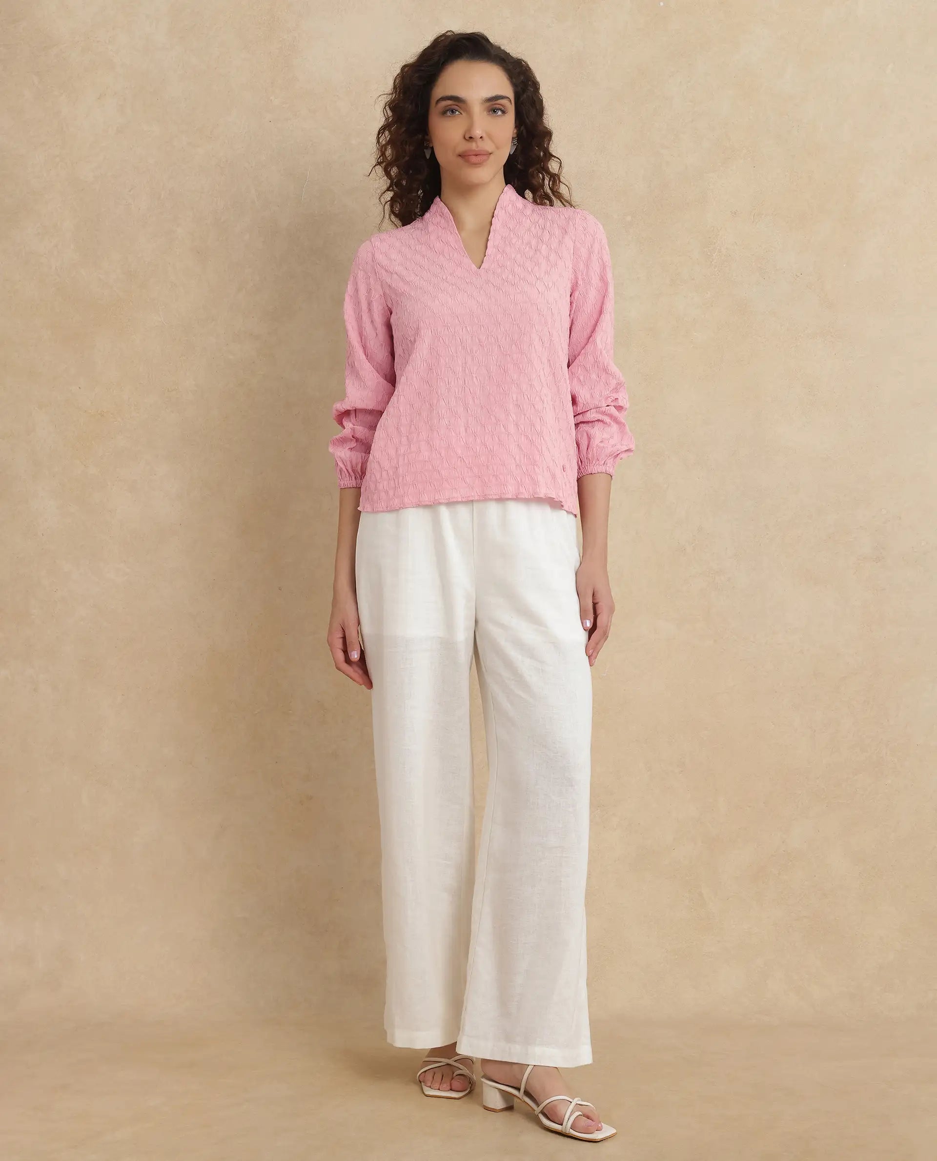 Rareism Women Bummo Light Pink Balloon Sleeve V-Neck Regular Fit Plain Top