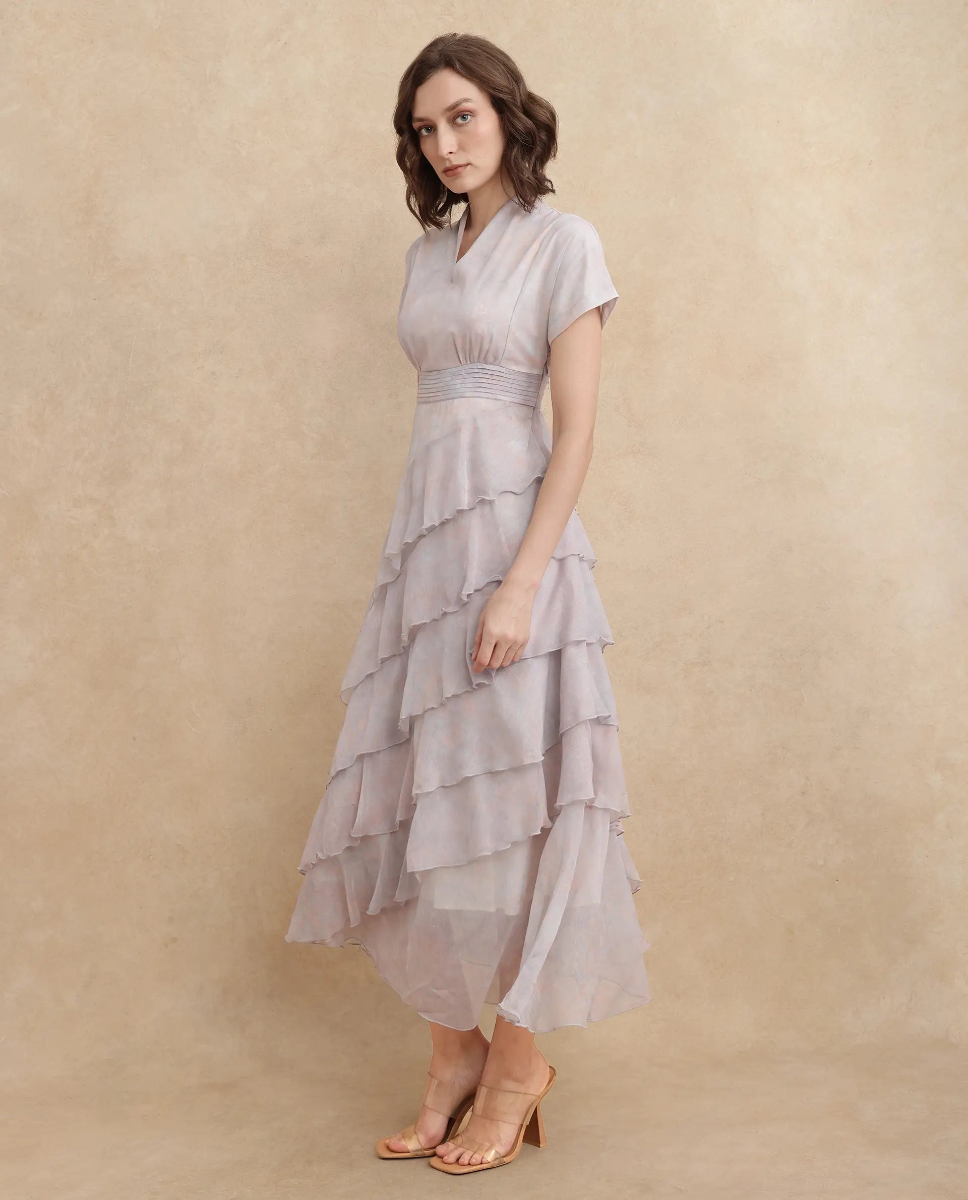 Rareism Women Bunf Beige Sleeveless Built Up Neck Flared Midi Abstract Print Dress