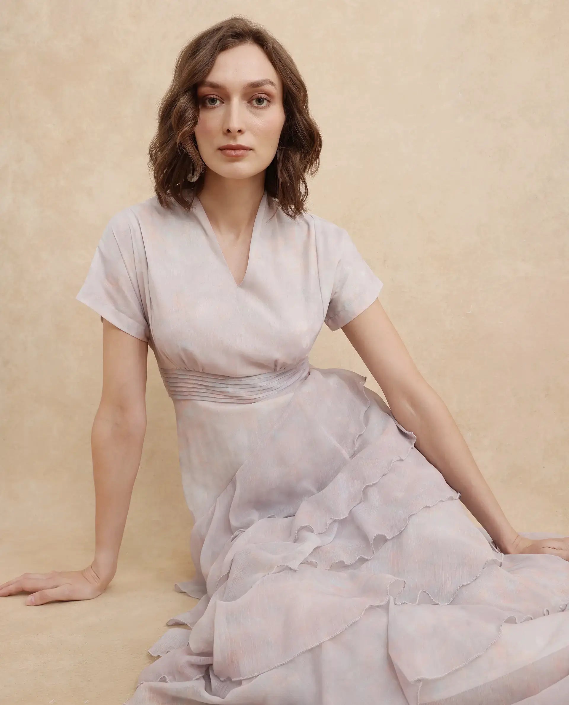 Rareism Women Bunf Beige Sleeveless Built Up Neck Flared Midi Abstract Print Dress