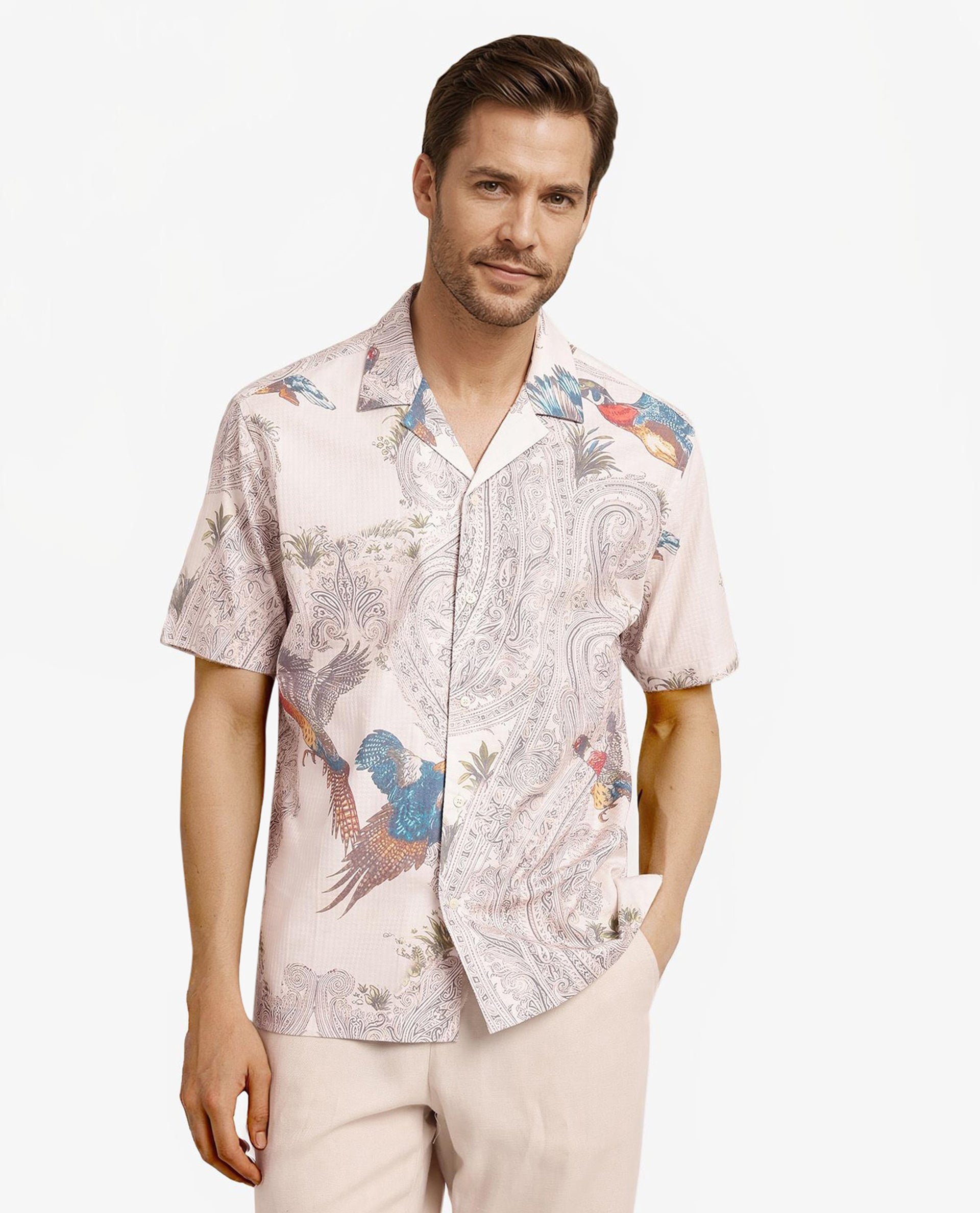 Rare Rabbit Men Bungeo Light Beige Cotton Viscose Short Sleeves Cuban Collar Boxy Fit Paisley Print Shirt