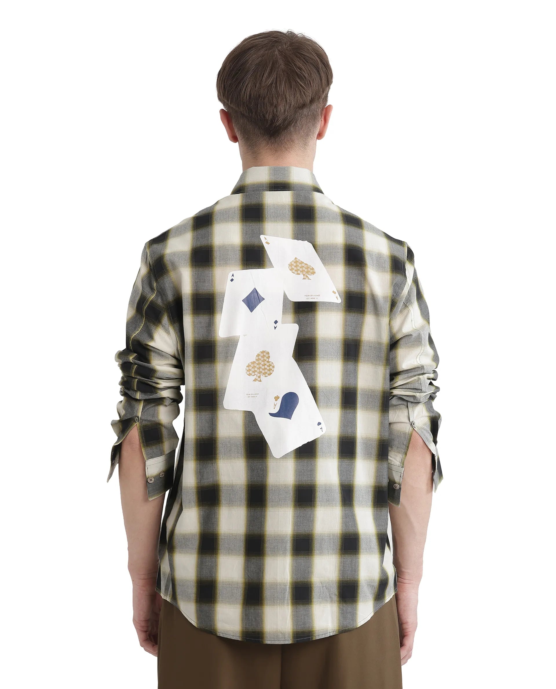 Rare Rabbit Men's Bung Green Cotton Fabric Regular Fit Graphic Backprint Regular Collar Checks Shirt