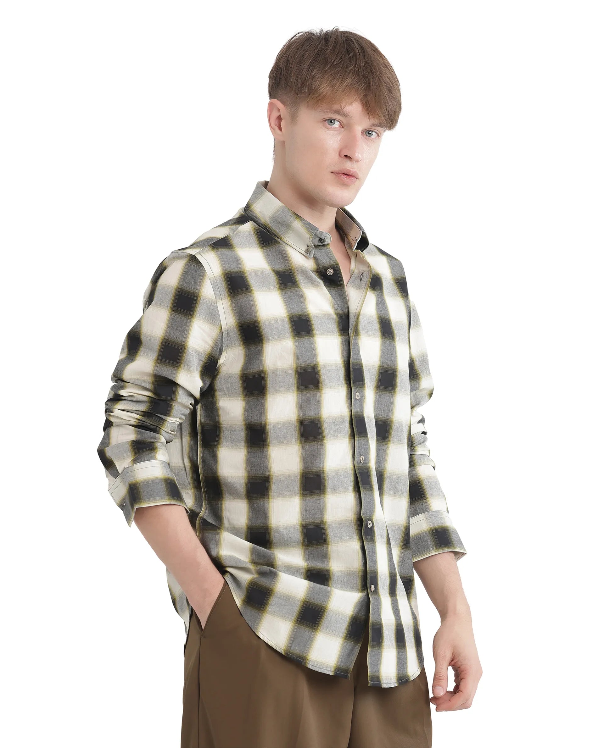 Rare Rabbit Men's Bung Green Cotton Fabric Regular Fit Graphic Backprint Regular Collar Checks Shirt