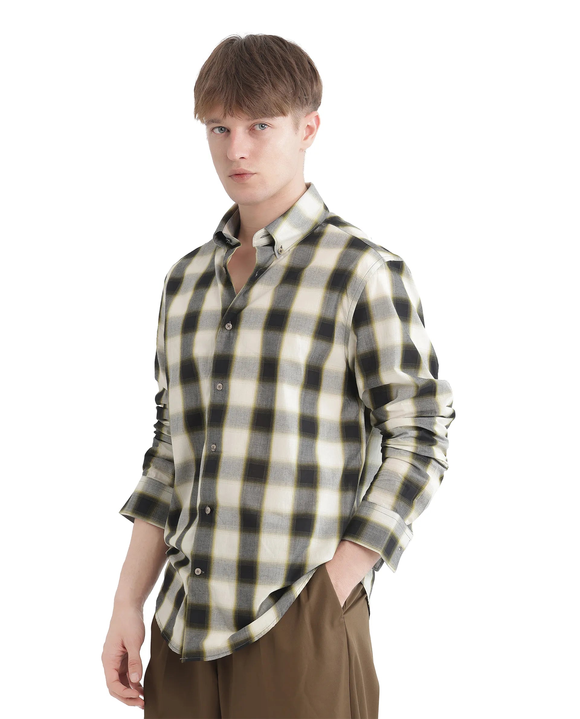 Rare Rabbit Men's Bung Green Cotton Fabric Regular Fit Graphic Backprint Regular Collar Checks Shirt