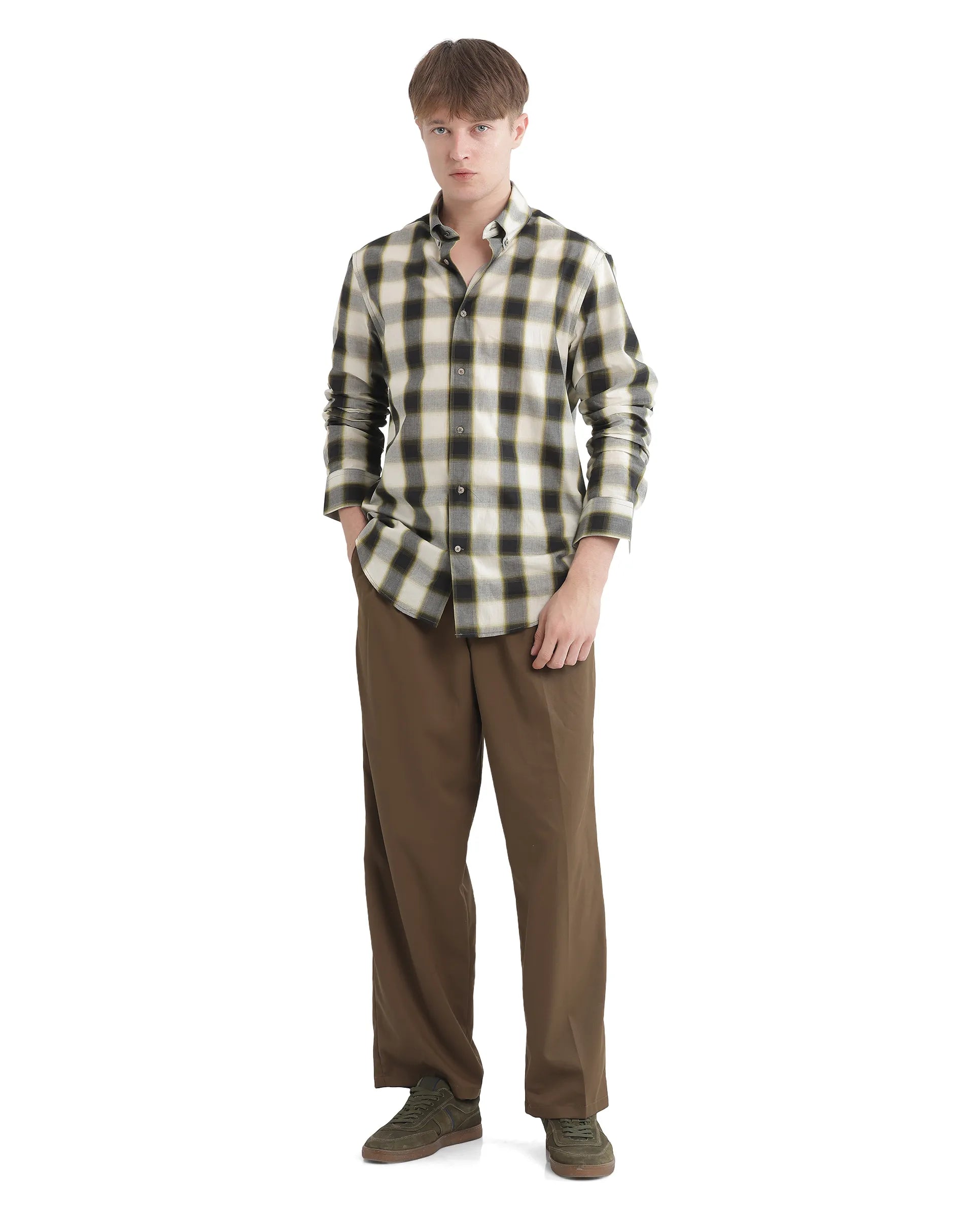 Rare Rabbit Men's Bung Green Cotton Fabric Regular Fit Graphic Backprint Regular Collar Checks Shirt