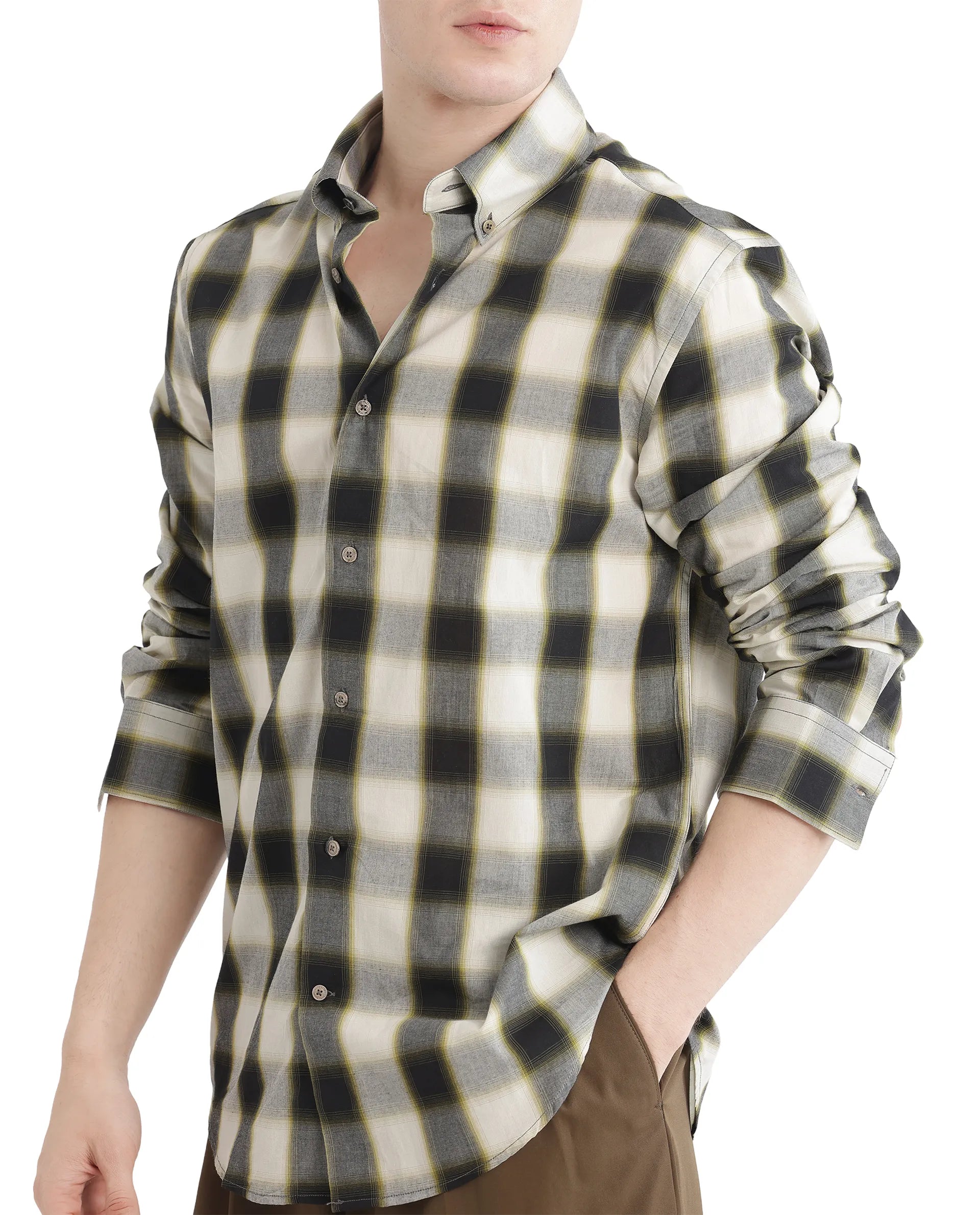 Rare Rabbit Men's Bung Green Cotton Fabric Regular Fit Graphic Backprint Regular Collar Checks Shirt