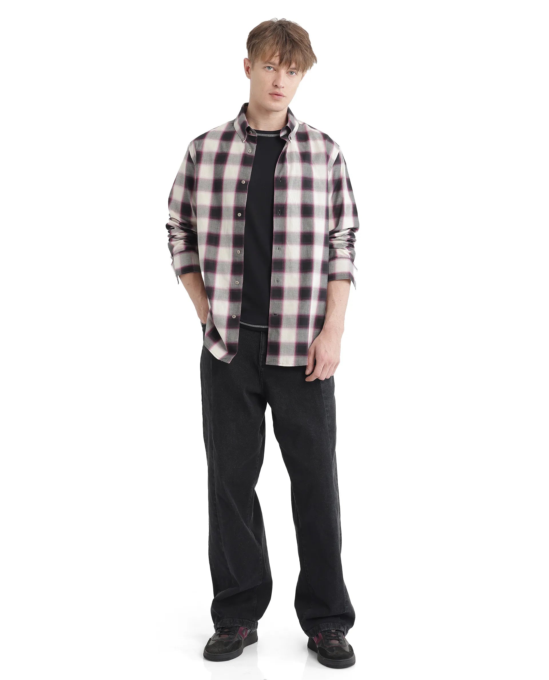 Rare Rabbit Men's Bung Pink Cotton Fabric Regular Fit Graphic Backprint Regular Collar Checks Shirt