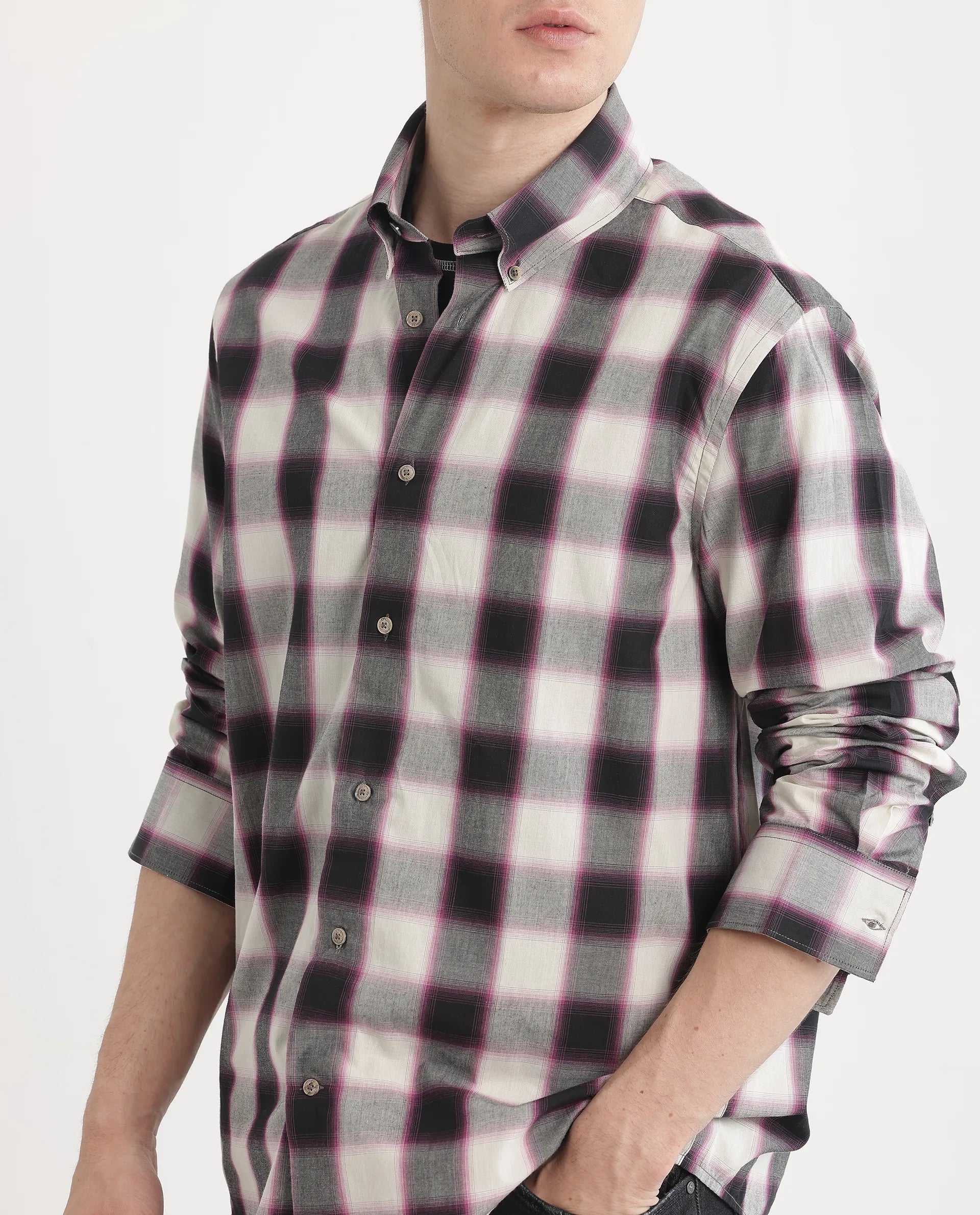 Rare Rabbit Men's Bung Pink Cotton Fabric Regular Fit Graphic Backprint Regular Collar Checks Shirt