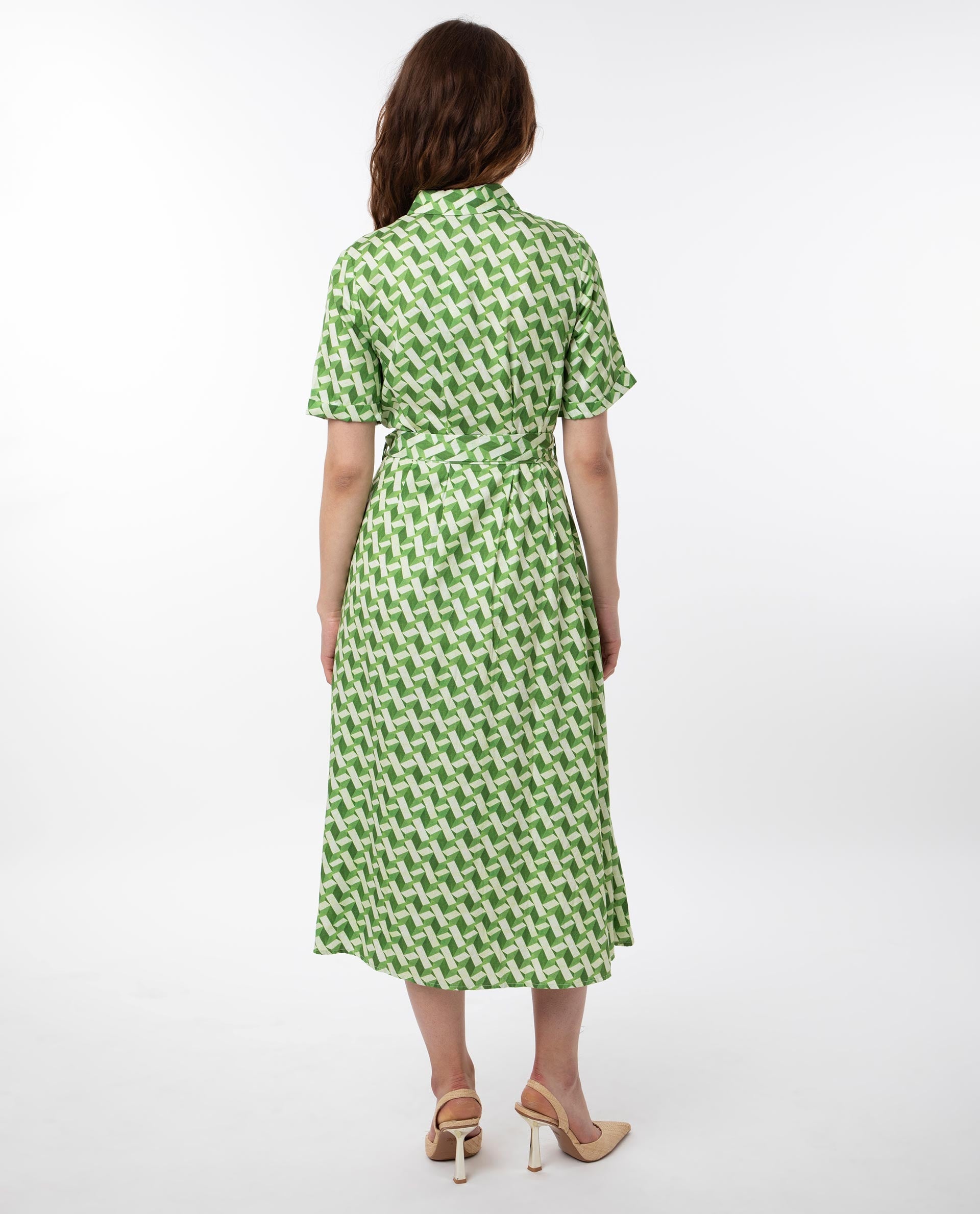 Rareism Women Bunt Green Cotton Fabric Short Sleeves Button Closure Shirt Collar Regular Fit Geometric Print Knee Length Shirt Type Dress