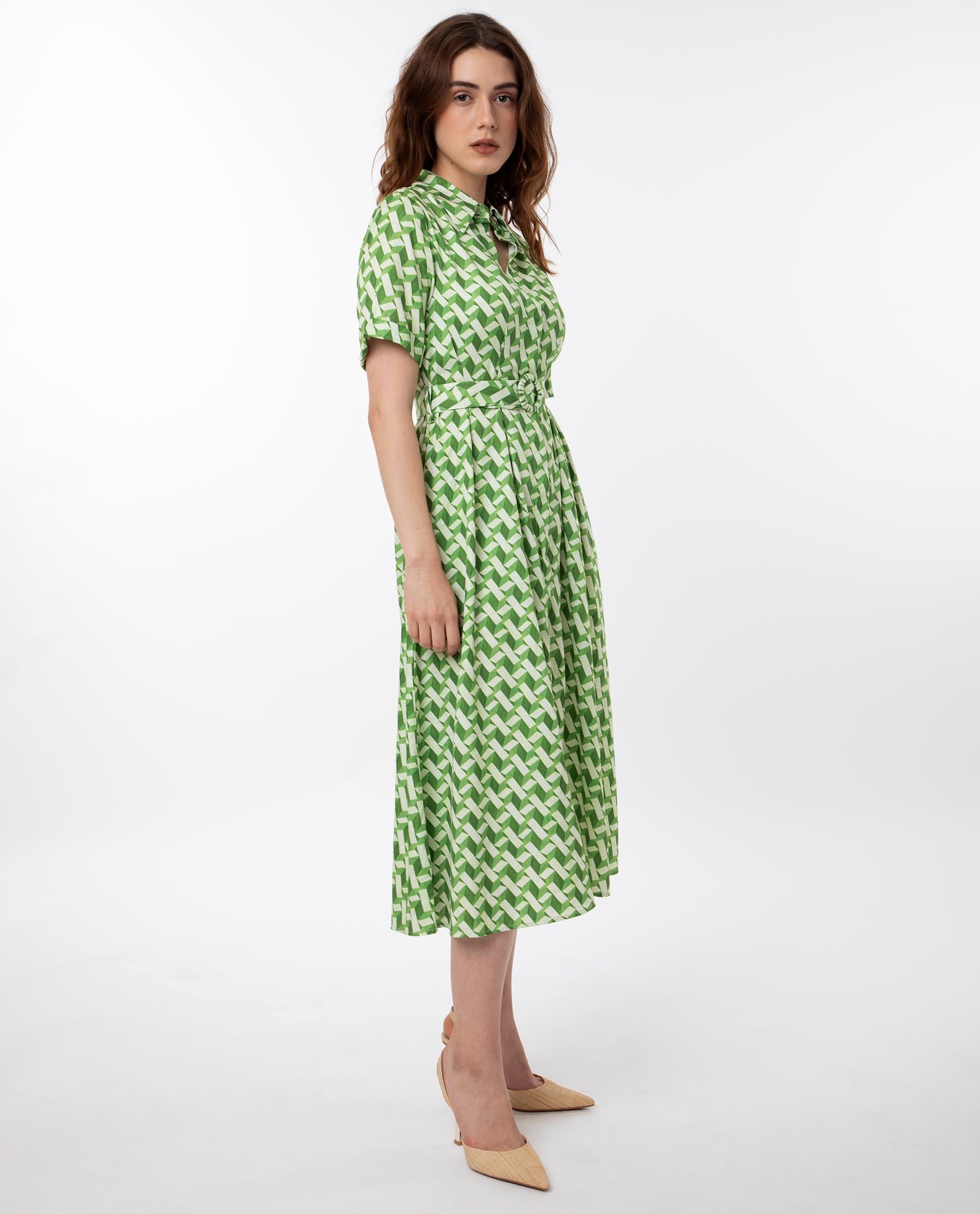 Rareism Women Bunt Green Cotton Fabric Short Sleeves Button Closure Shirt Collar Regular Fit Geometric Print Knee Length Shirt Type Dress