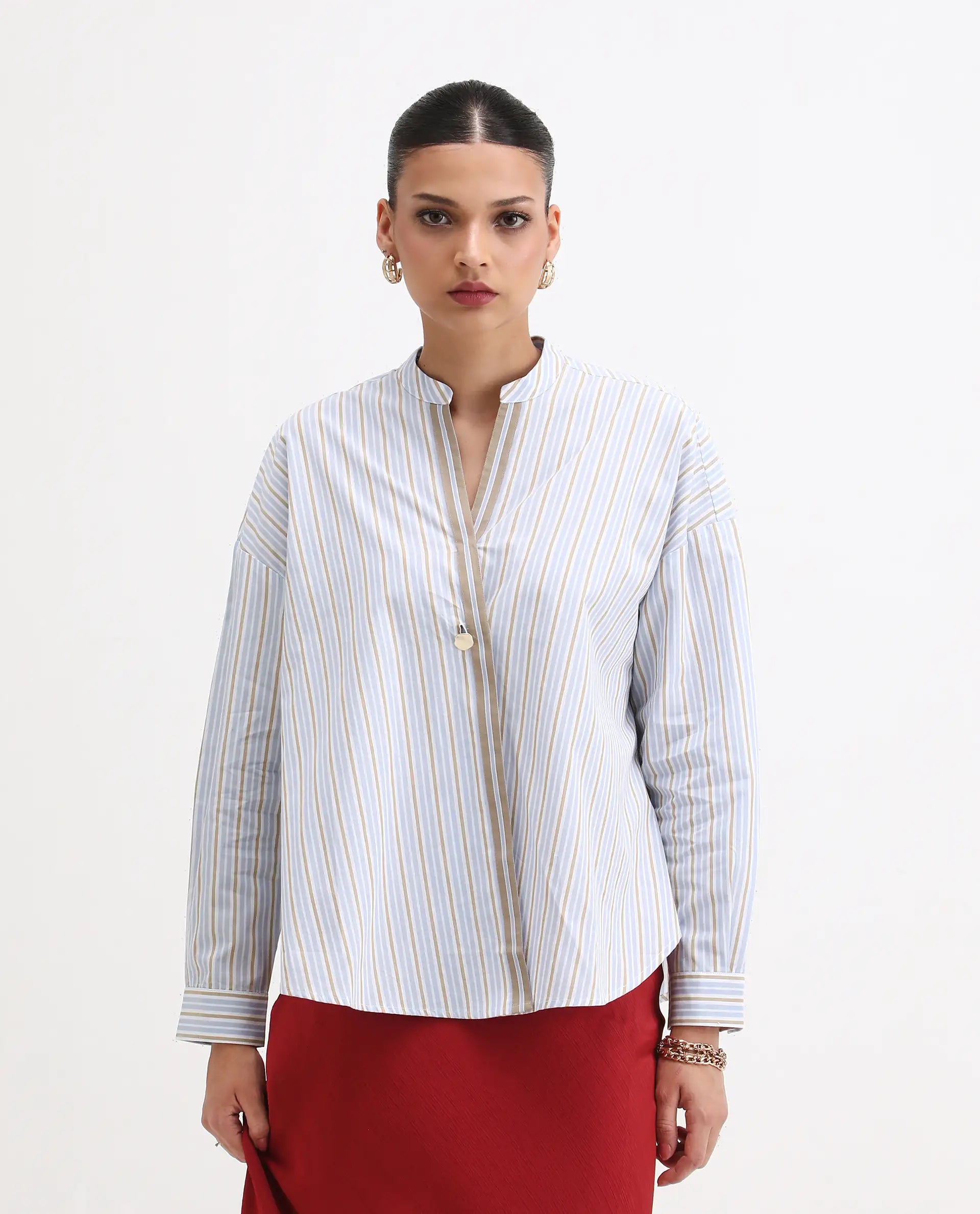 Rareism Women's Buqo Light Blue Cotton Cuffed Sleeve Mandarin Collar Regular Fit Shirt